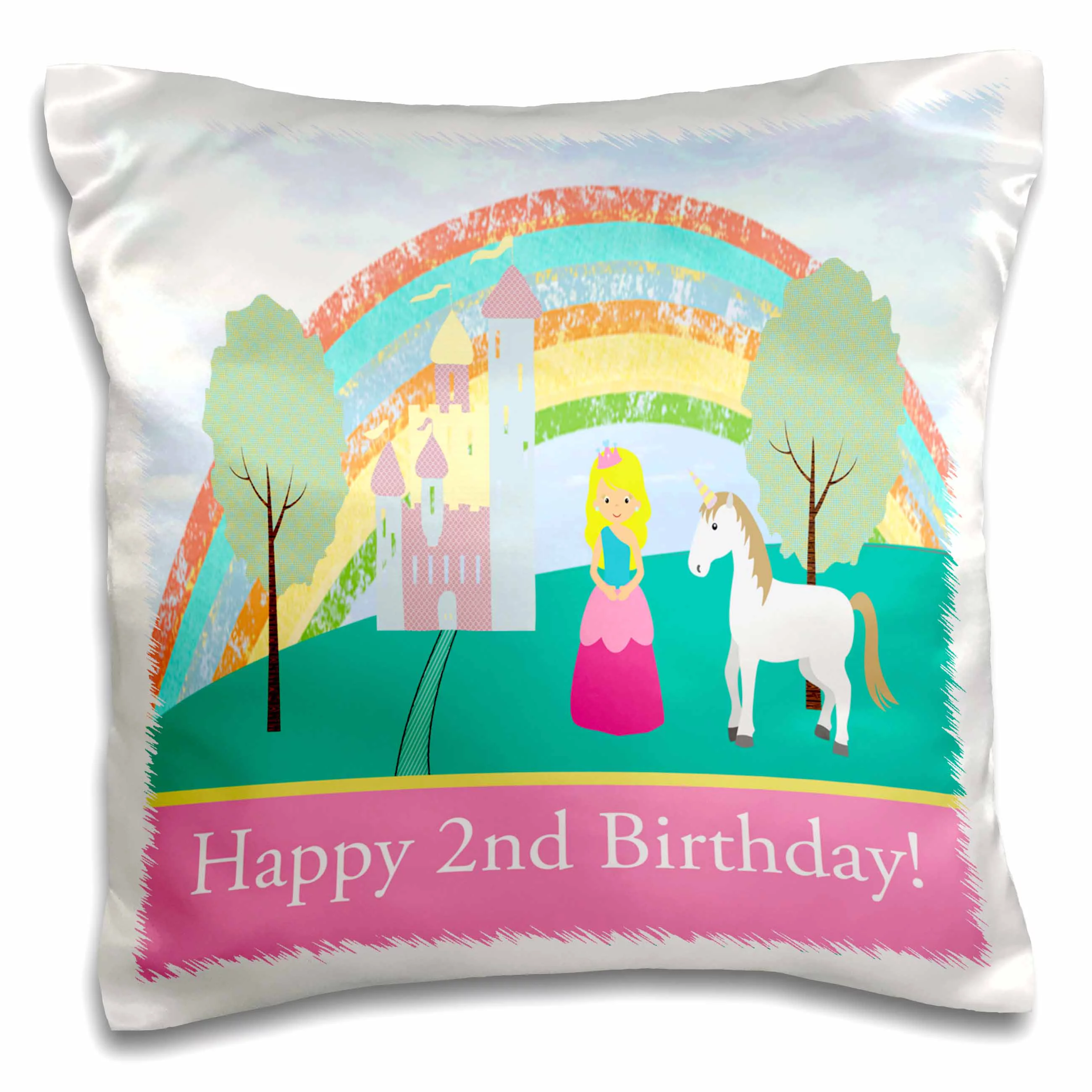 3dRose Princess and Unicorn, Castle Trees, and Rainbow, Happy 2nd Birthday, Pillow Case, 16 by 16-inch
