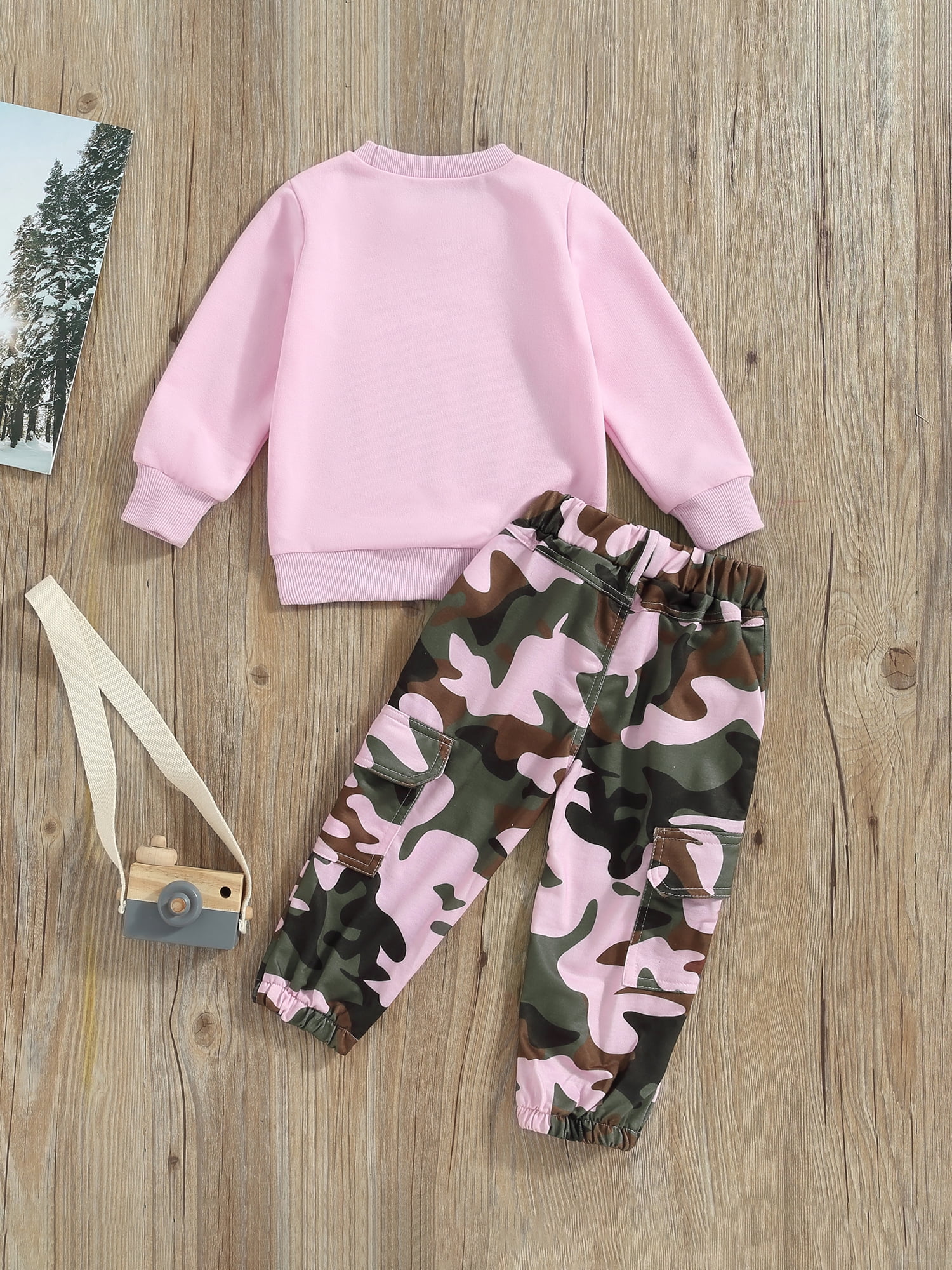 Toddler Baby Girls Fall Clothes Letter Print Long Sleeve Sweatshirt and Camouflage Pants Set 2PCS Infant Outfit