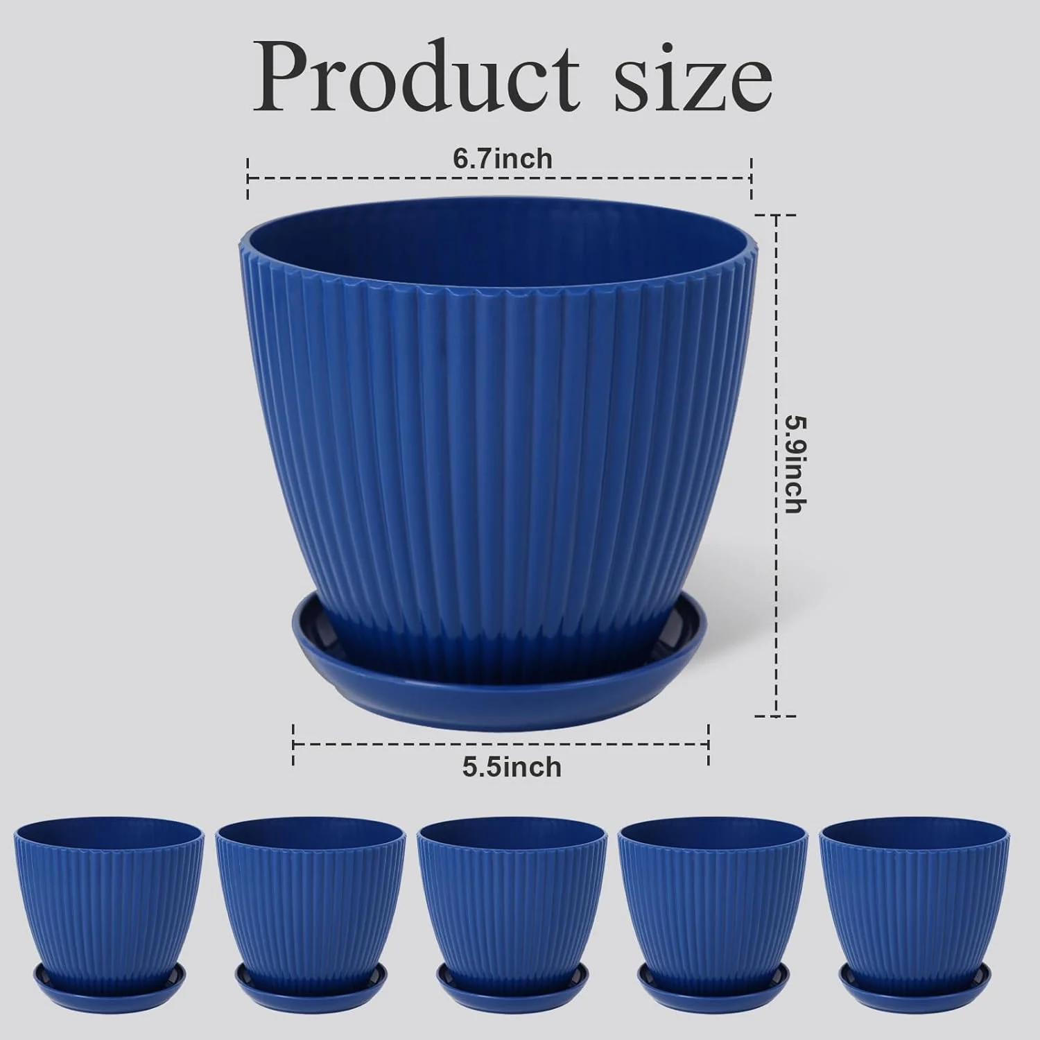 Zhuge 7 Inch Large Plant Pots, 6 Pack Flower Pots with Drainage Hole and Tray Saucer Plastic Plant Pot for Outdoor Indoor House Plants and Flowers Herbs (Blue)