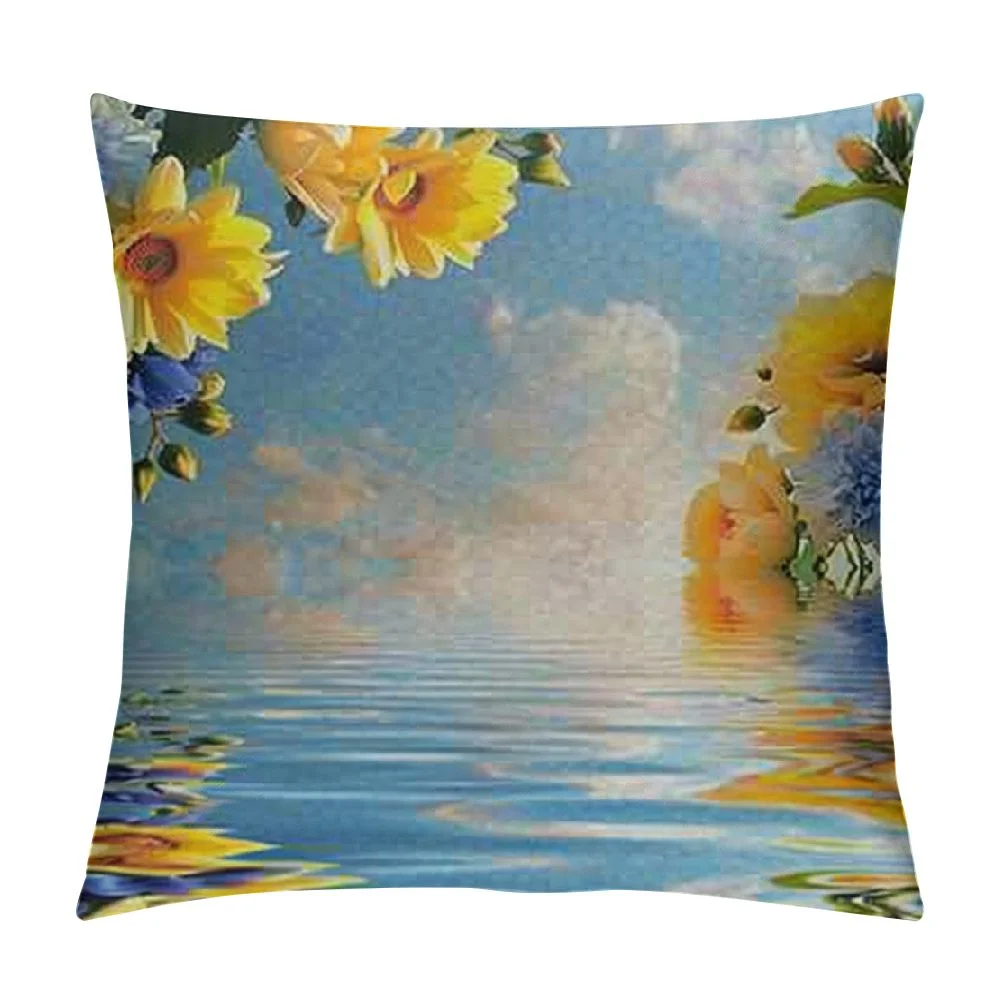Yellow and Blue Throw Pillow Cushion Cover, Romantic Bouquet of Hydrangeas and Asters on Water Background, Decorative Square Accent Pillow Case,  Yellow Blue