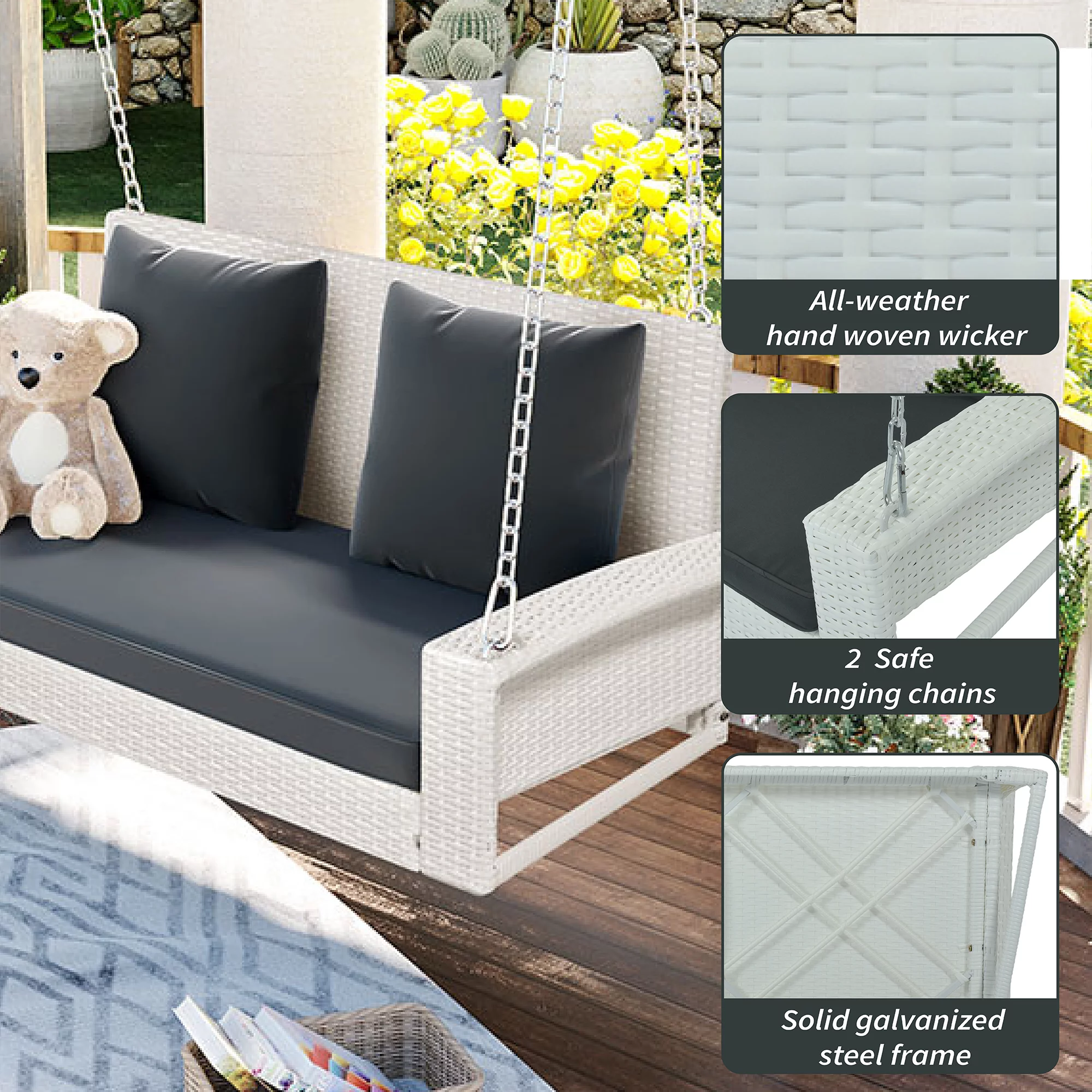 Cushioned 2-Person Outdoor Wicker Swing - Weather-Defying Porch Furniture with Pillows for Ultimate Relaxation