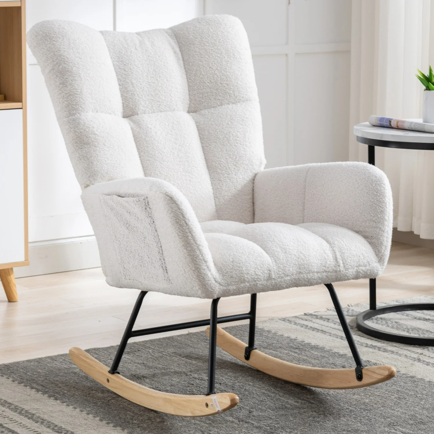 Comfy Soft White Teddy Fabric Wingback Glider Rocker Chair with Convenient Pocket and Safe Solid Wood Base for Nursery  Living Room  Bedroom  or Balcony Comfort