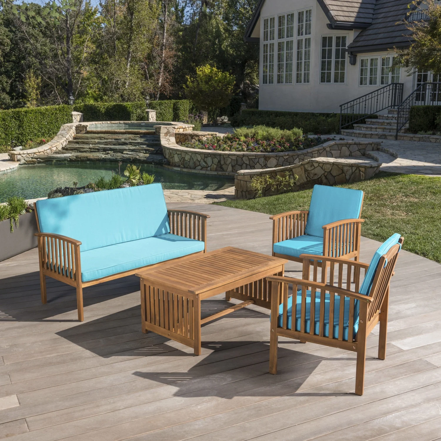 Cozy and Stylish 4-Piece Outdoor Acacia Wood Sofa Set in Brown Patina with Water Resistant Teal Cushions  Perfect for Your Patio or Garden Area