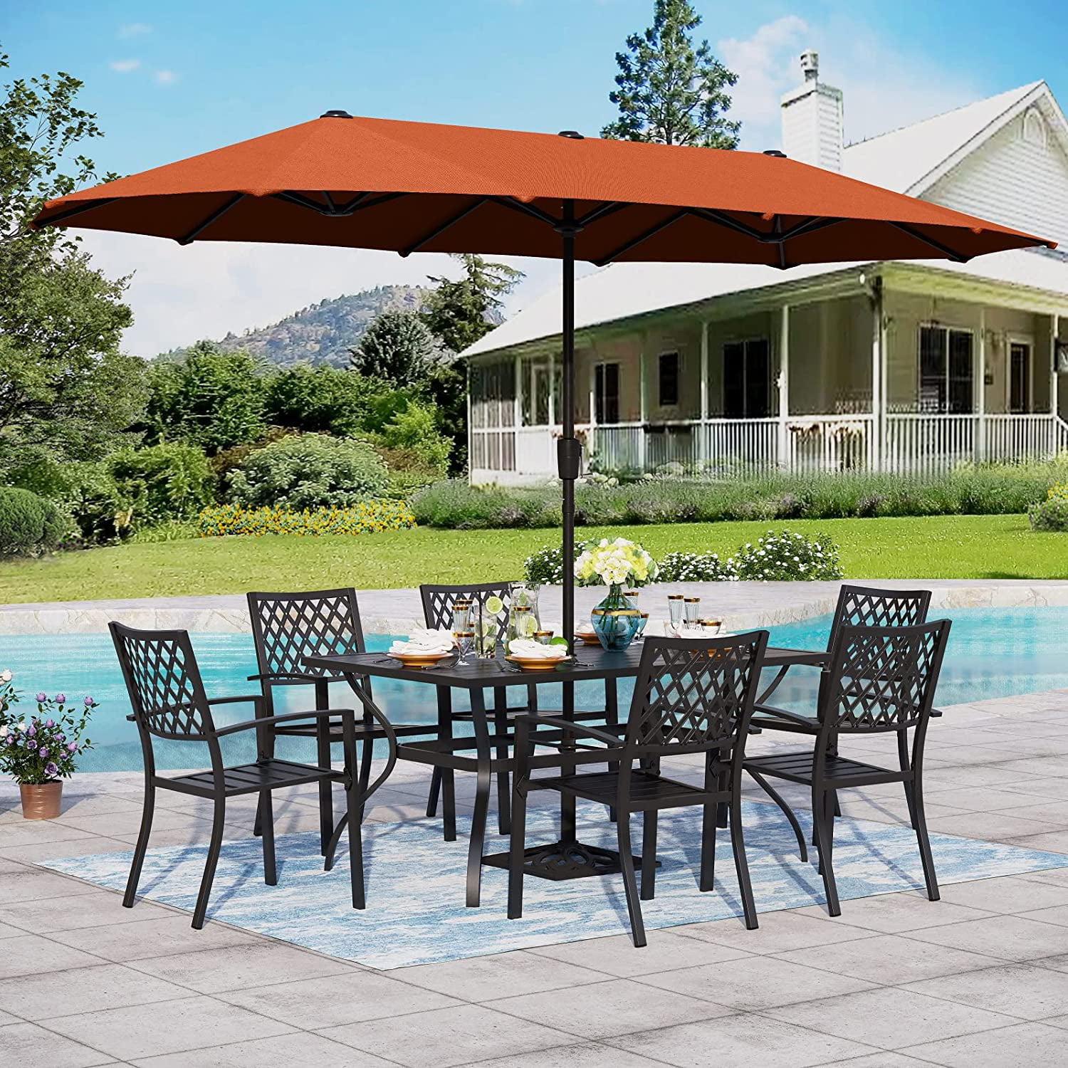 & William Patio Dining Set with 13ft Double-Sided Patio Umbrella  8 Piece Metal Outdoor Table Furniture Set with 6 Outdoor Chairs & 1 Rectangular Dining Table & 1 Large Orange