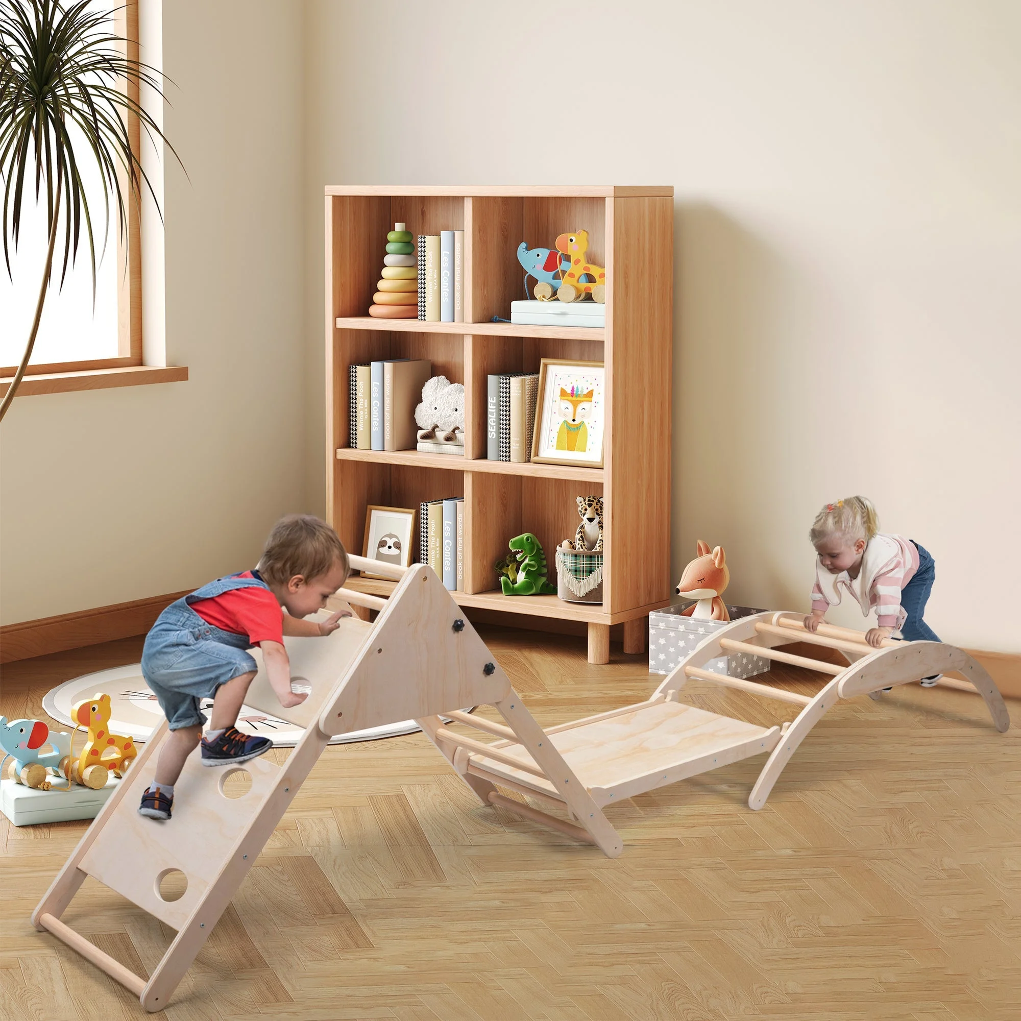 4-In-1 Pikler Triangle Gym Set with Sliding Ramp, Arch Climber, Rocker, Toddler Playground