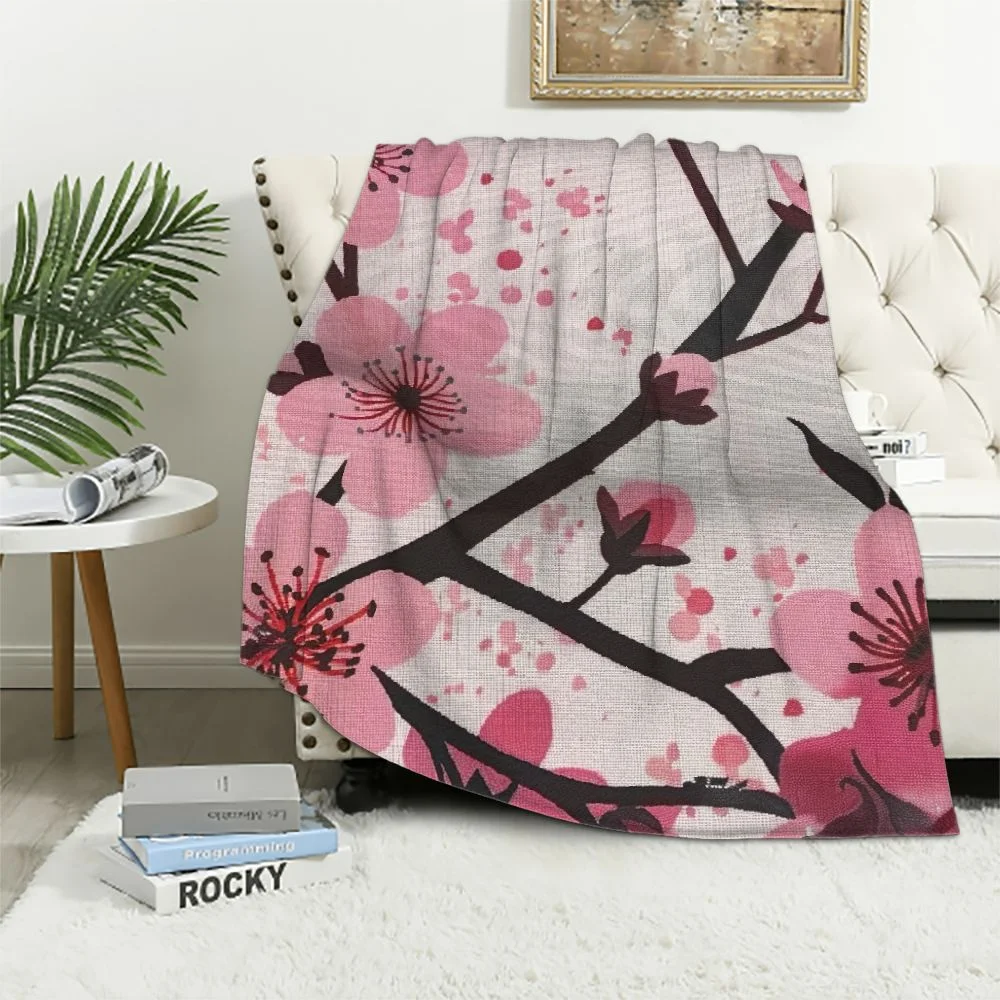 TIAOTIAOHOU Flannel Blanket Spring, Pink Chinese Cherry Blossom Flower Japan Plum White