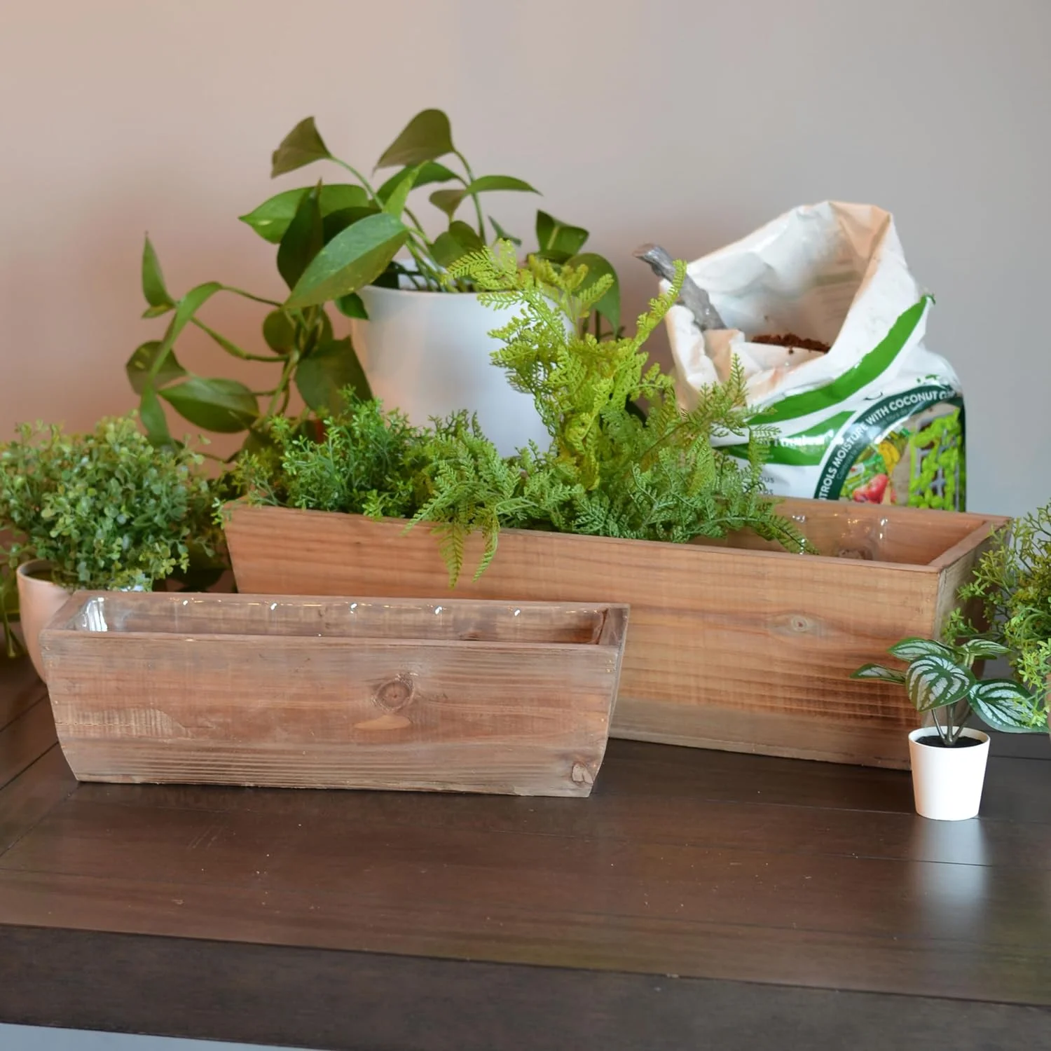 Balcony Box Planters, Set of 2, Rectangular, Plastic Lined, Fir Wood, 21.75 and 15.75 Inches, Nesting