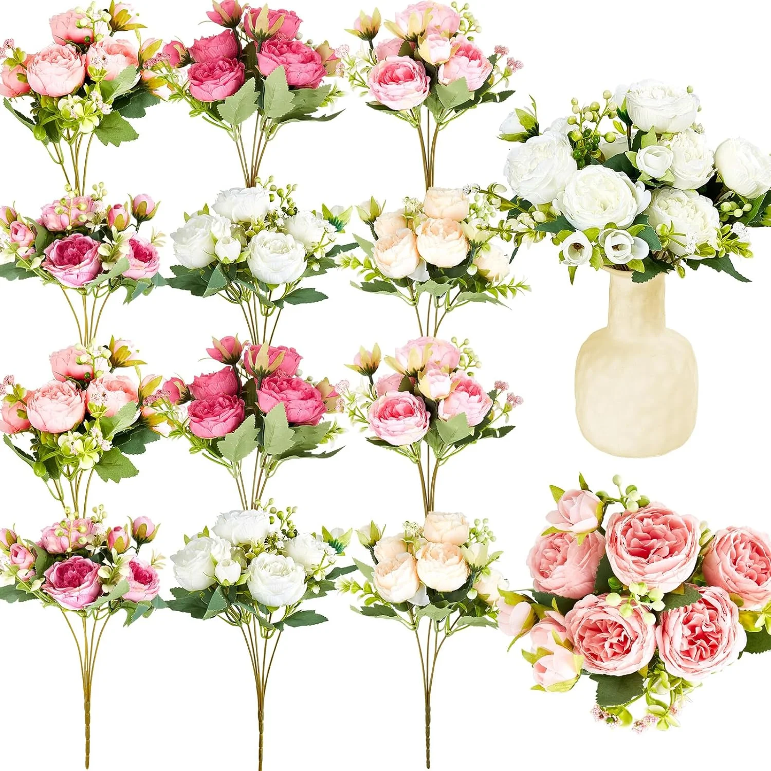 12 Bundles Silk Artificial Peonies Flowers Faux Peony Bouquet Fake Peonies Artificial Flowers Bouquets for Vase Floral Arrangements Wedding Home Table Decoration (Rosy Red, Pink)