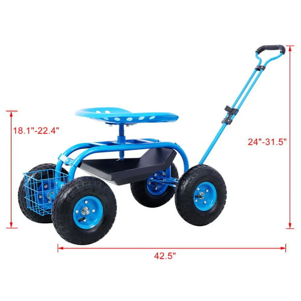 ACETEK 360 Swivel Seat,Rolling Garden Scooter Garden Cart Seat with Wheels and Tool Tray,Blue