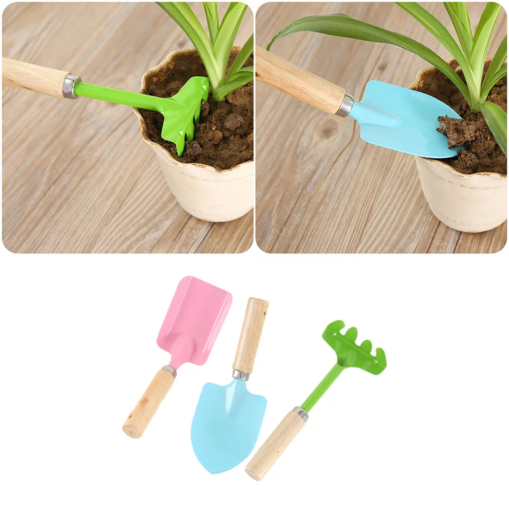 Zonh DOITOOL 3Pcs Wooden Gardening Tool Set with Metal Trowel, Shovel, and Rake