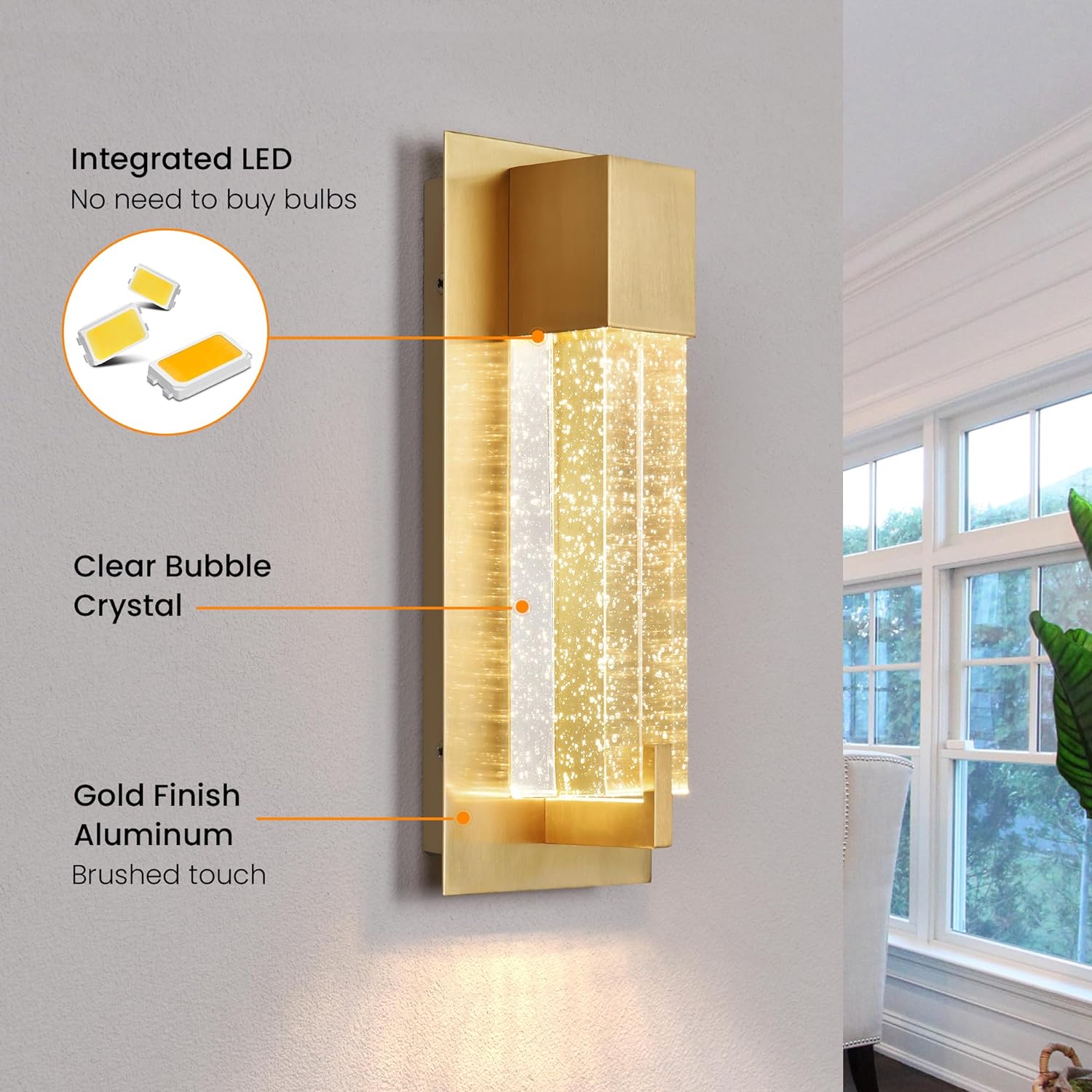 KUANGHENG Sconces Wall Lighting for Bathroom Hallway Indoor Gold Modern Vanity Lights Fixture with Crystal Bubble Glass, LED Wall Mount Light Fixture,3000K,ETL Listed