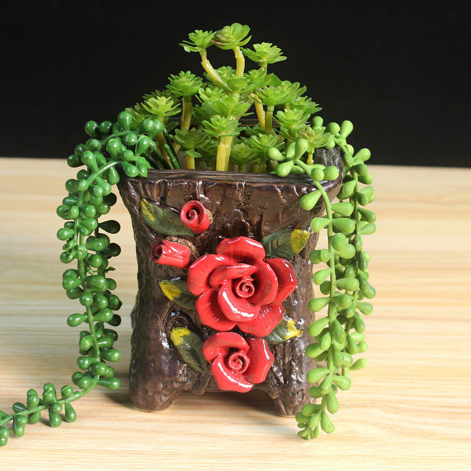 LivNxt Handcrafted Ceramic Succulent Planter with Floral Design - Rustic Pot for Succulents and Old Stump Plants