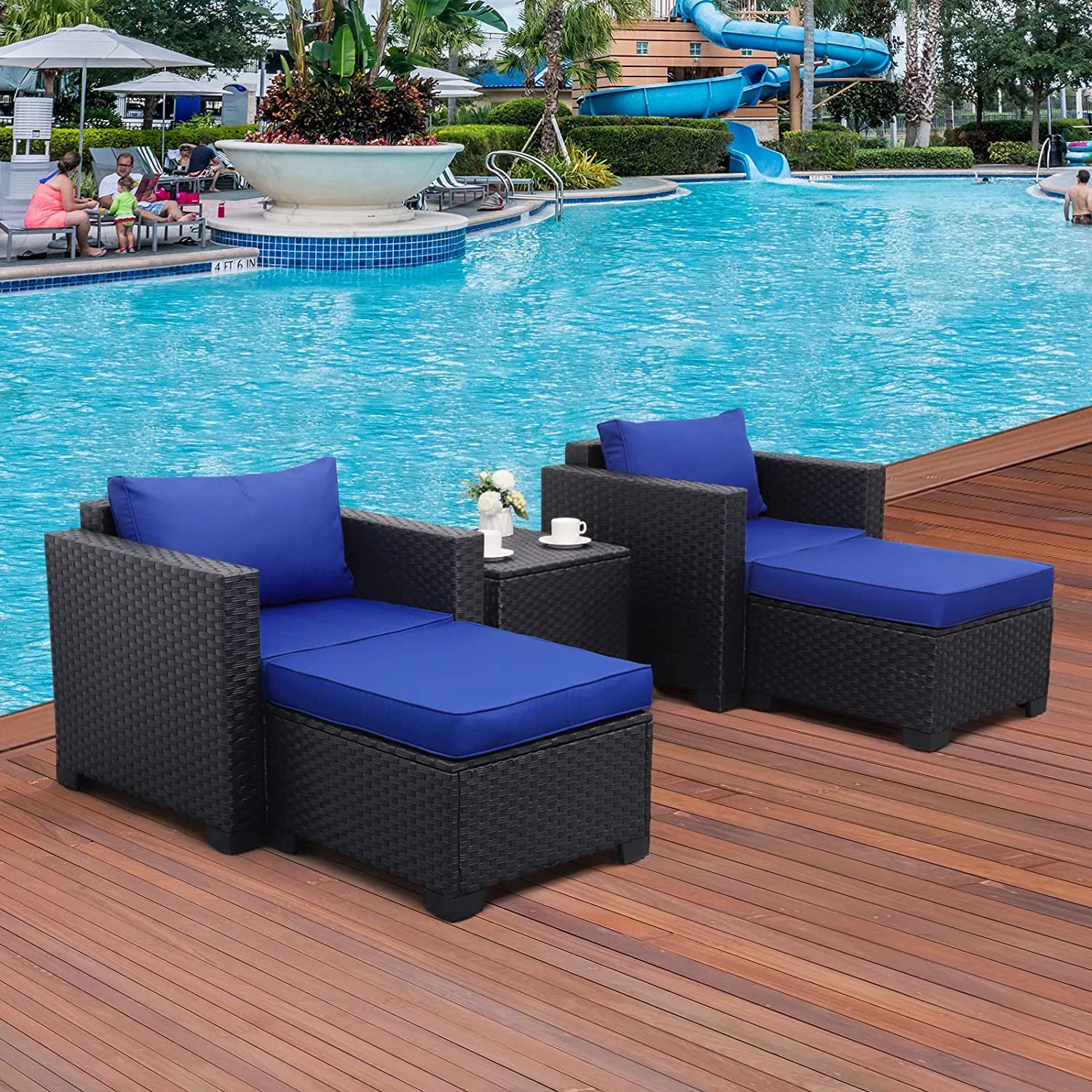 5-Piece Outdoor PE Wicker Furniture Set  Patio Black All Weather Resin Rattan Chairs and Ottomans，Sectional Conversation Sofa Set with Royal Blue Cushion