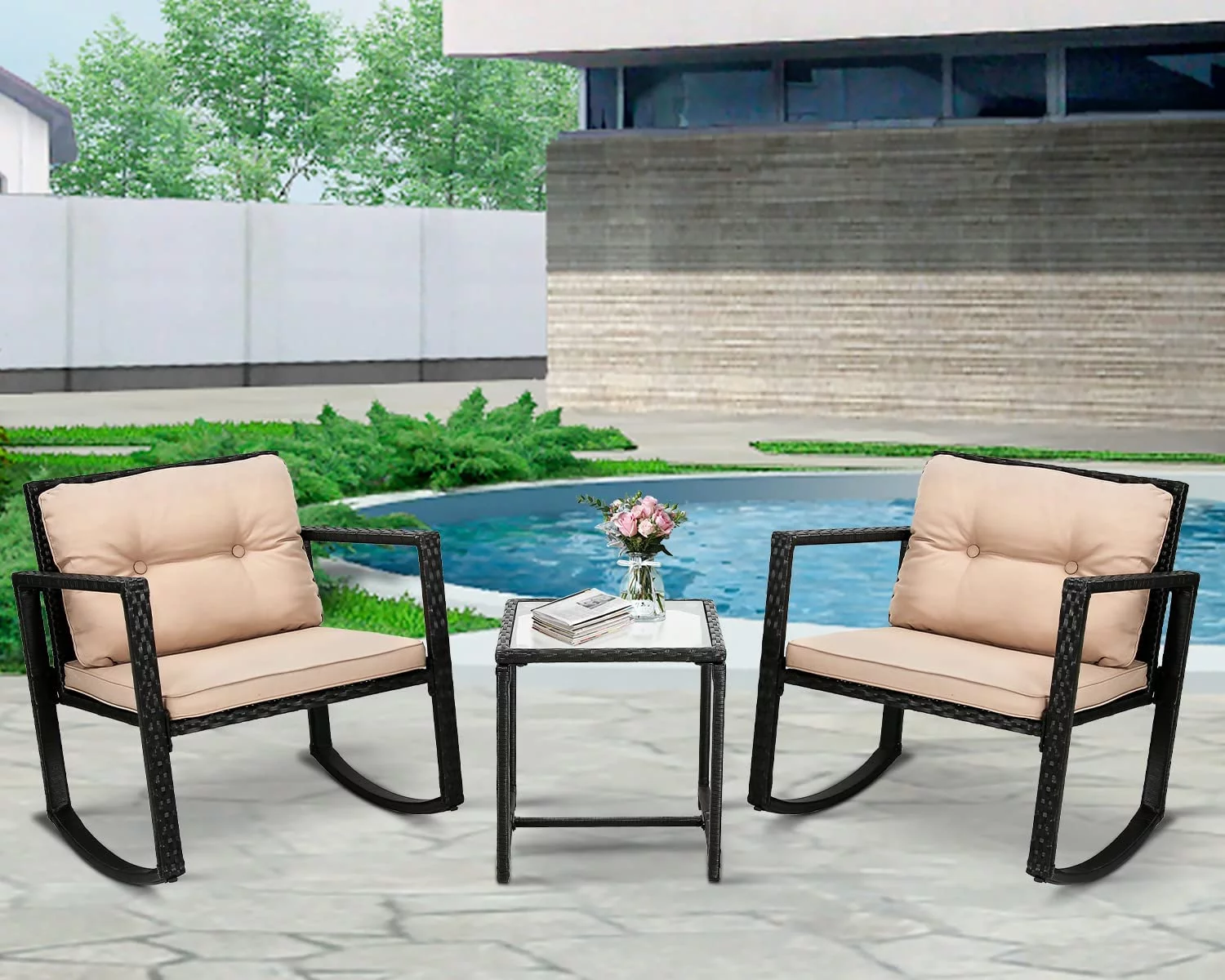 NiamVelo 3 Piece Patio Furniture Set Outdoor Rattan Sofa with Cushion Conversation Set w/Coffee Table for Yard Poolside, Black