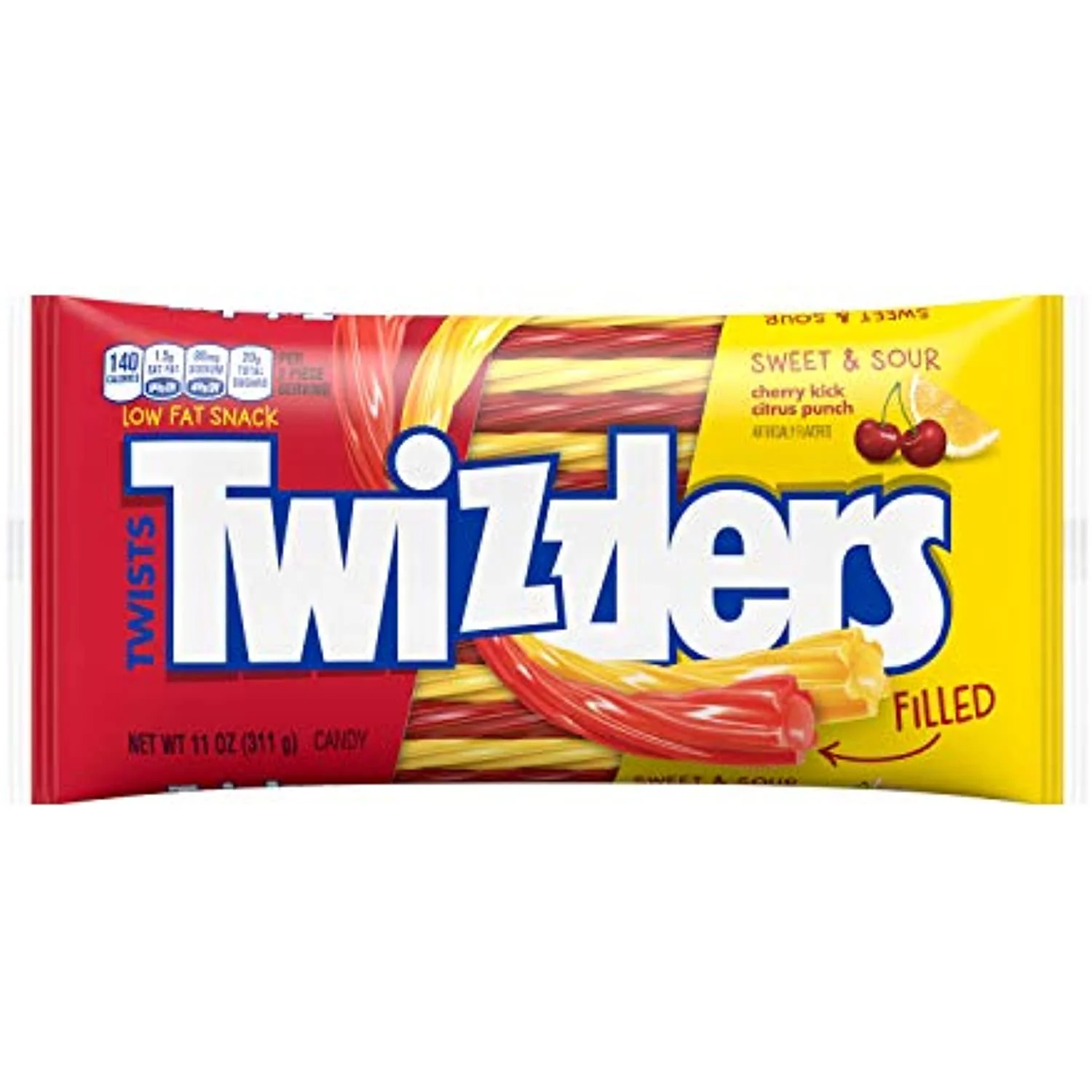 Twizzlers Filled Twists, Sweet & Sour Flavored Licorice Candy (Cherry Kick, Citrus Punch), 11-Ounce Bag (Pack Of 12)