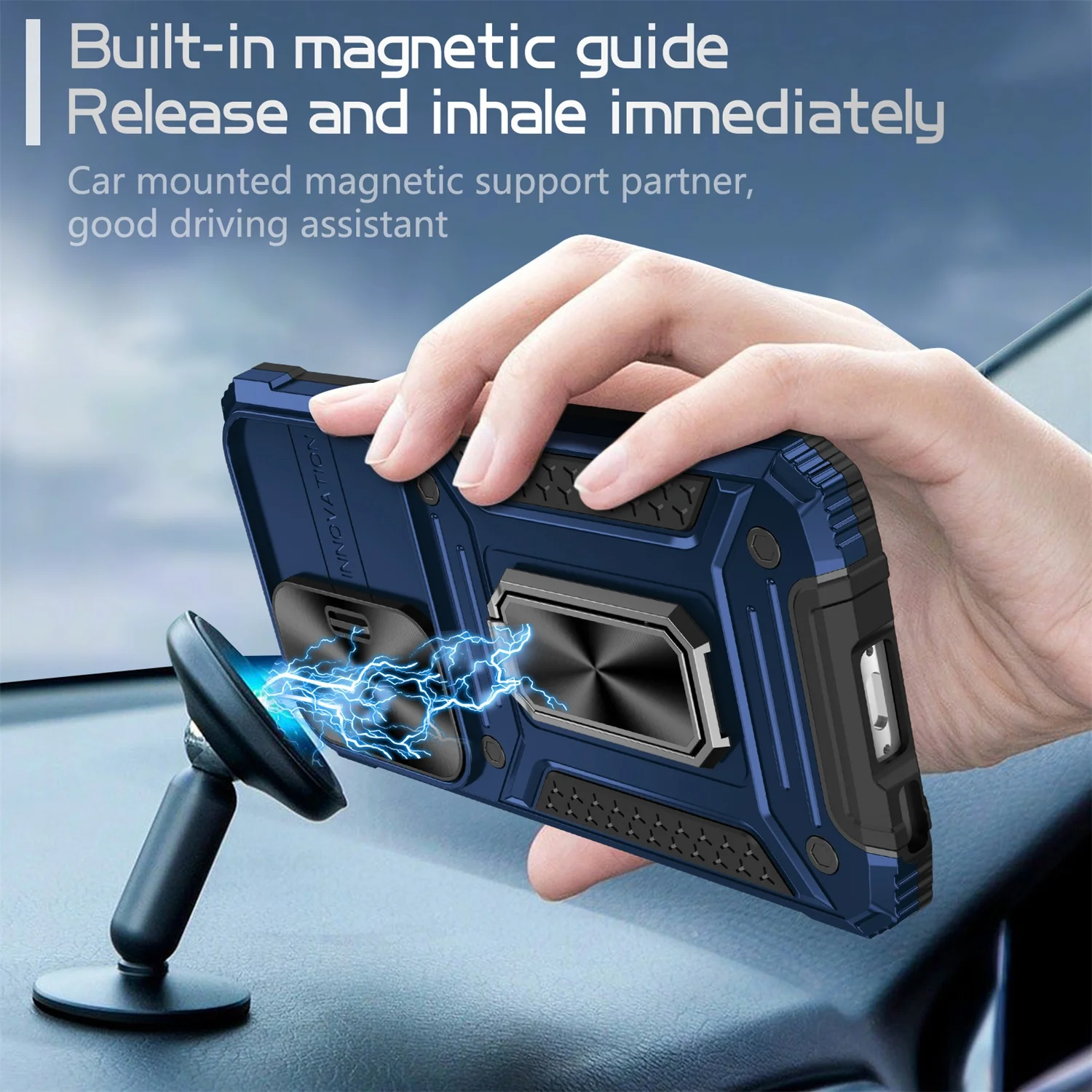 SaniMore for Samsung Galaxy S23 FE Stand Case, Slide Camera Cover 360 Degree Rotating Kickstand Magnetic Car Mount Hybird Tri-layer Rugged Shell Military-grade Shockproof Anti-drop Cover, Navyblue