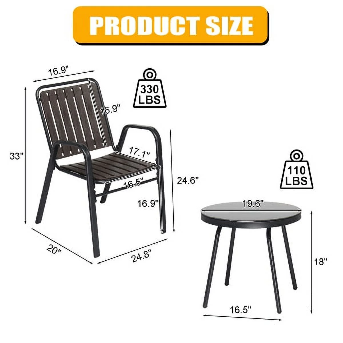 SYTHERS 3-Piece Outdoor Furniture Set with Stackable Patio Dining Chairs and Glass Table, Patio Bistro Table Set for Yard Balcony Porch, Black and Coffee