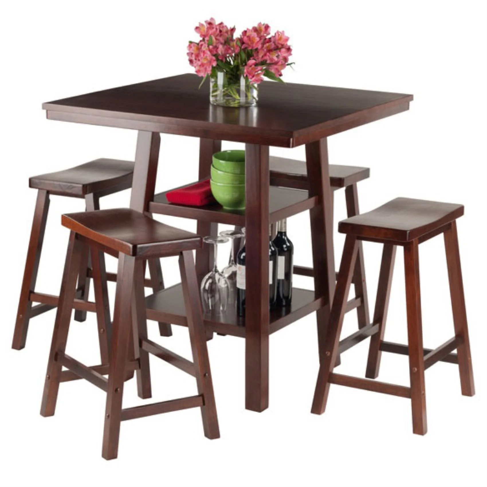 Ergode Orlando 5-Pc Set High Table, 2 Shelves w/ 4 Saddle Seat Stools