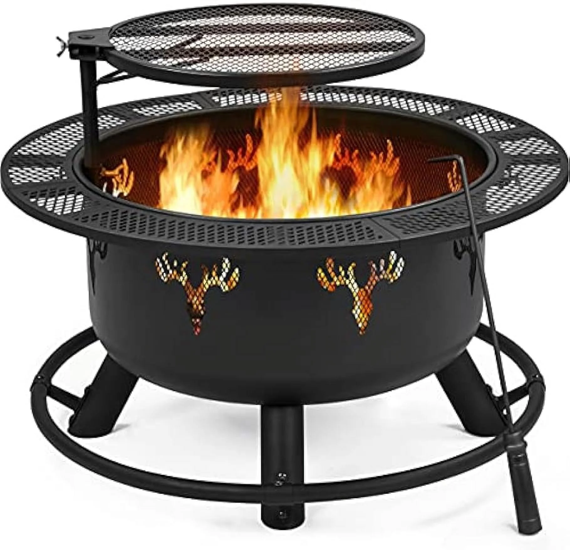 32in Fire Pit Outdoor Wood Burning Firepits Outdoor Fireplace with 18.5 Inch Swivel Cooking Grill Grate & Poker Fire Bowl for Camping, Backyard, BBQ, Garden, Bonfire