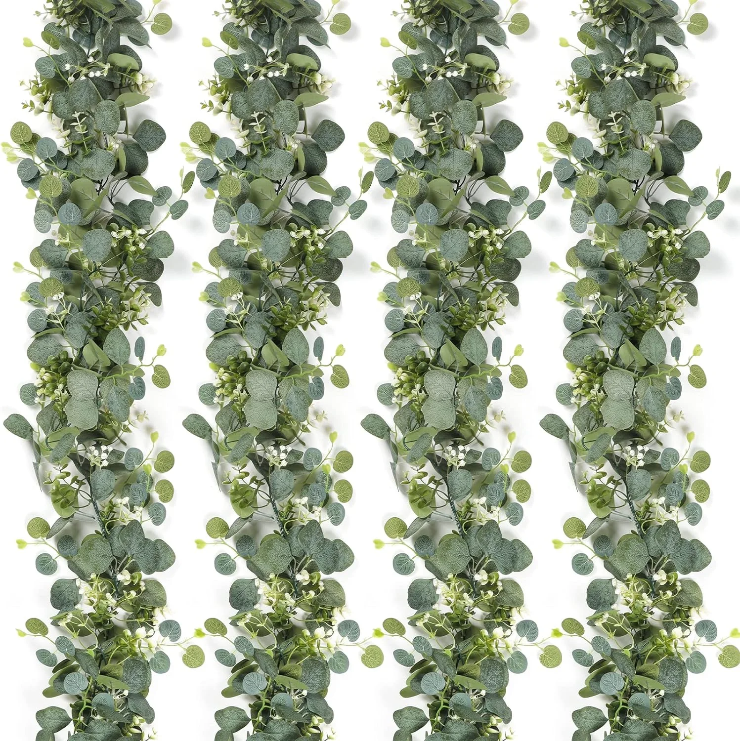 Zhuge Eucalyptus Garland with White Flowers 4 Packs 5.9Ft Silver Dollar Eucalyptus Leaves Gypsophila Garland Artificial Greenery Vines