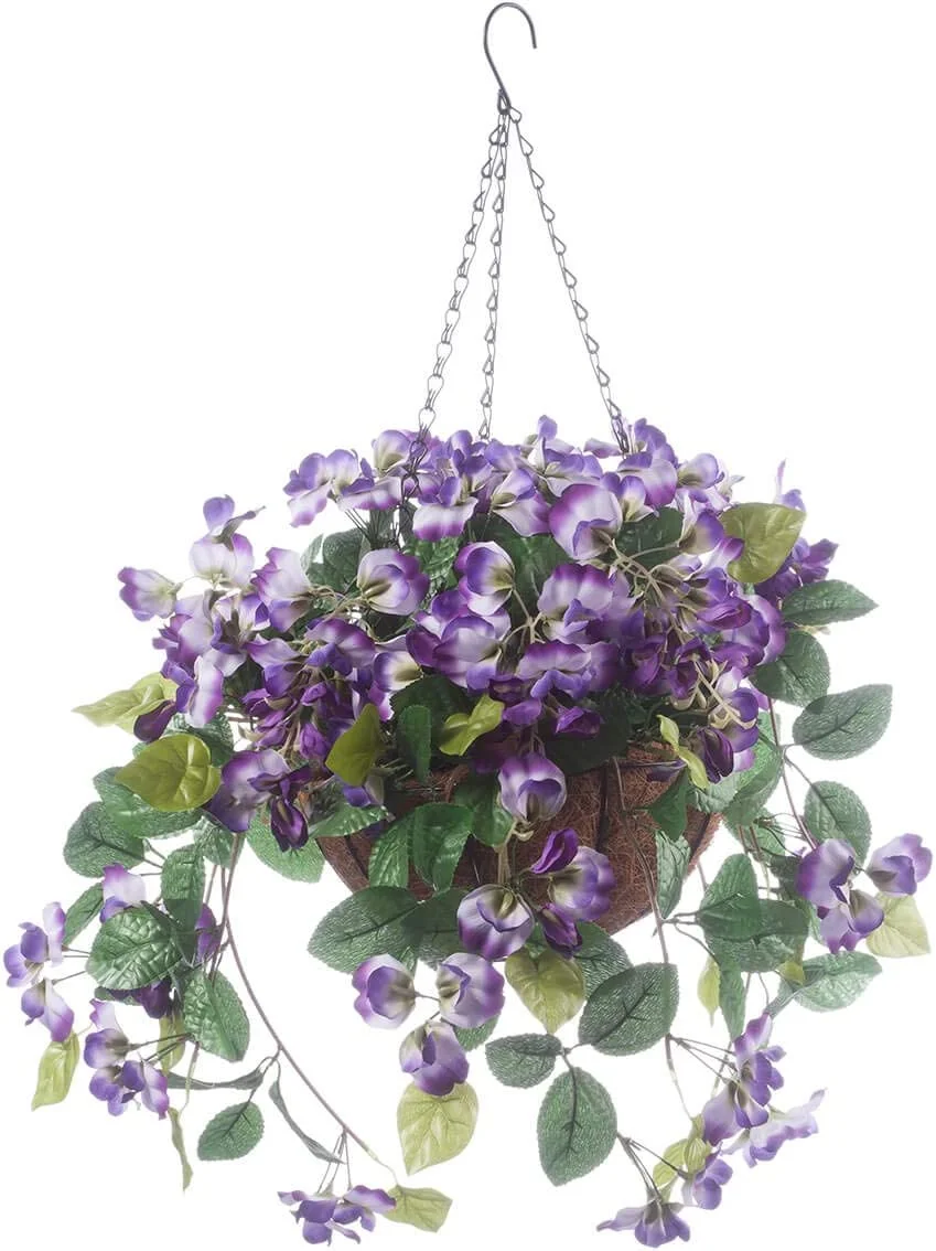 Fully Assembled Artificial Purple Wisteria Hanging Basket, 10” Diameter with 18” Long Chain – Polyester/Plastic Flowers in Metal/ Fiber Liner Basket – Indoor/Outdoor Use