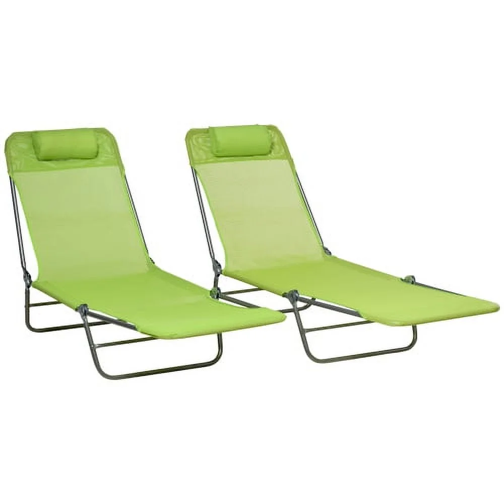 GUIOIHDC 2 Piece Folding Chaise Lounge Chairs  Pool Sun Tanning Chairs  Outdoor Lounge Chairs with 6-Position Reclining Back  Breathable Mesh Seat  Headrest for Beach  Yard  Patio  Green
