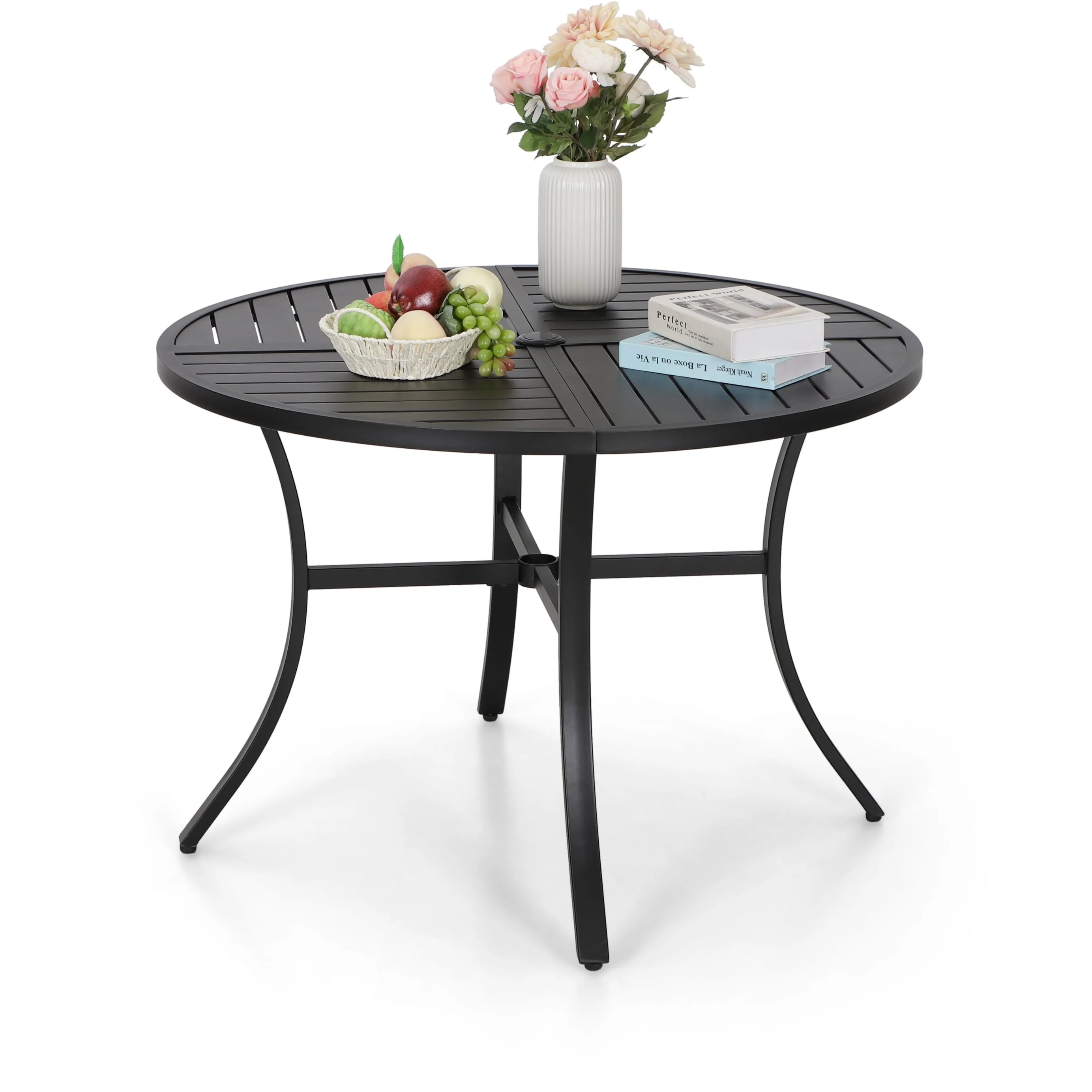 Patio 5-Piece Dining Set, 1 Umbrella Hole Metal Table and 4 Rattan Chairs +Metal Armrest Chair