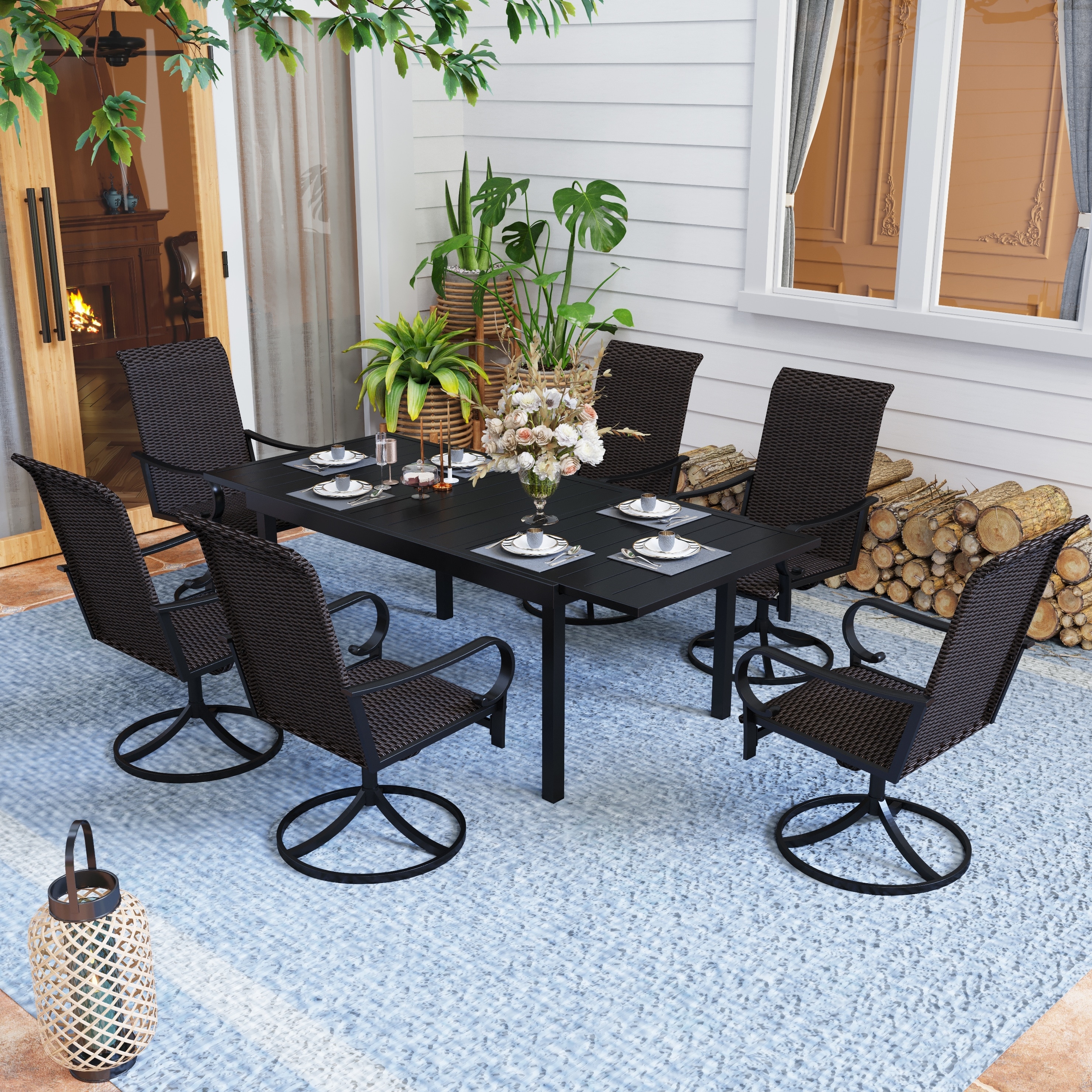 Steel Extendable Table Rattan Swivel Chairs Patio Outdoor Dining Set