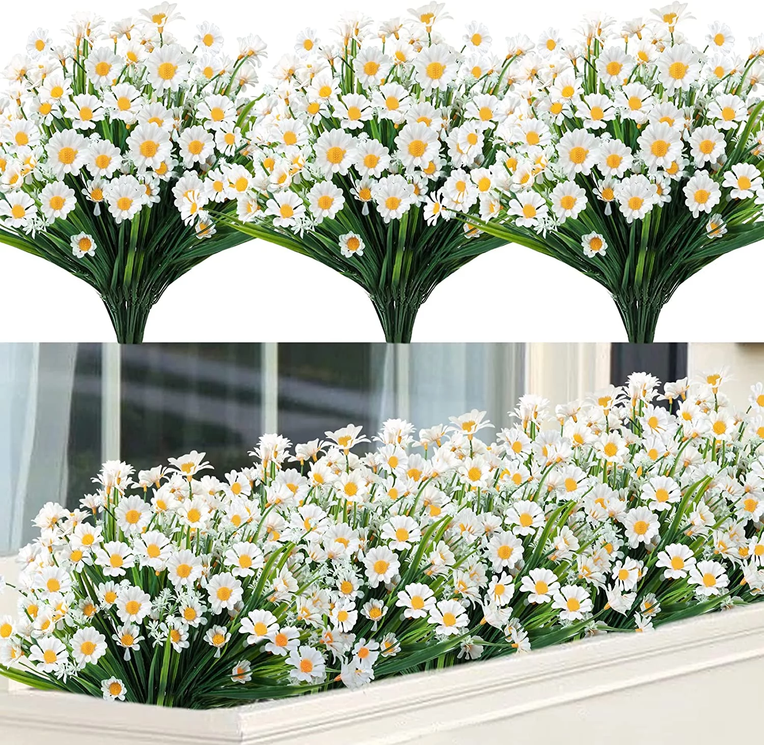 Zukuco 8 Bundles Artificial Daisy Flowers Fake White Daisies Plants Greenery Stems UV Resistant for Spring Decor Outdoors Indoor Party Garden Hanging Planter Window Box Decorations