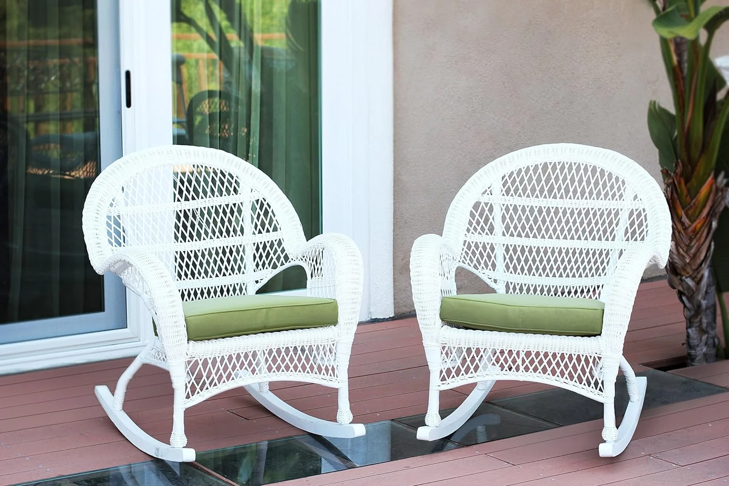 Wicker Rocker Chair Wih Green Cushion, Se Of 2, Whie