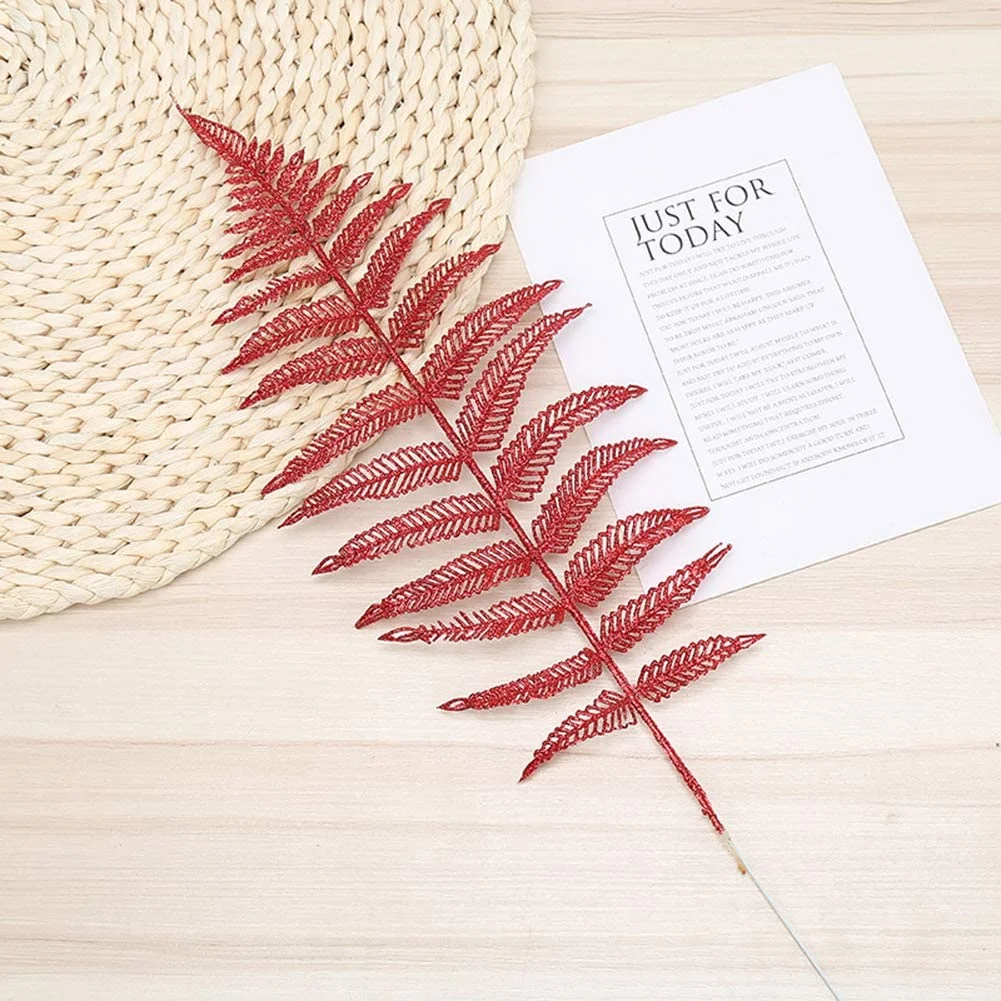 Namzi Decorative Glitter Hollow Leaf, 10pcs Artificial Fern Plant Persian Stem Leaves Christmas Spray Ornament for Holiday Party Xmas Tree Decor （Red）
