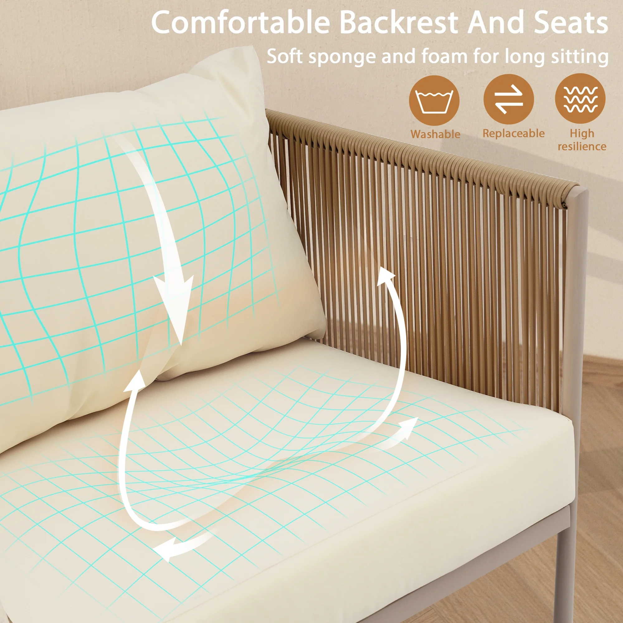 GO 4-Piece All-Weather Patio Rope Sofa Set with Loveseat, Thick Cushions, and Tempered Glass Table