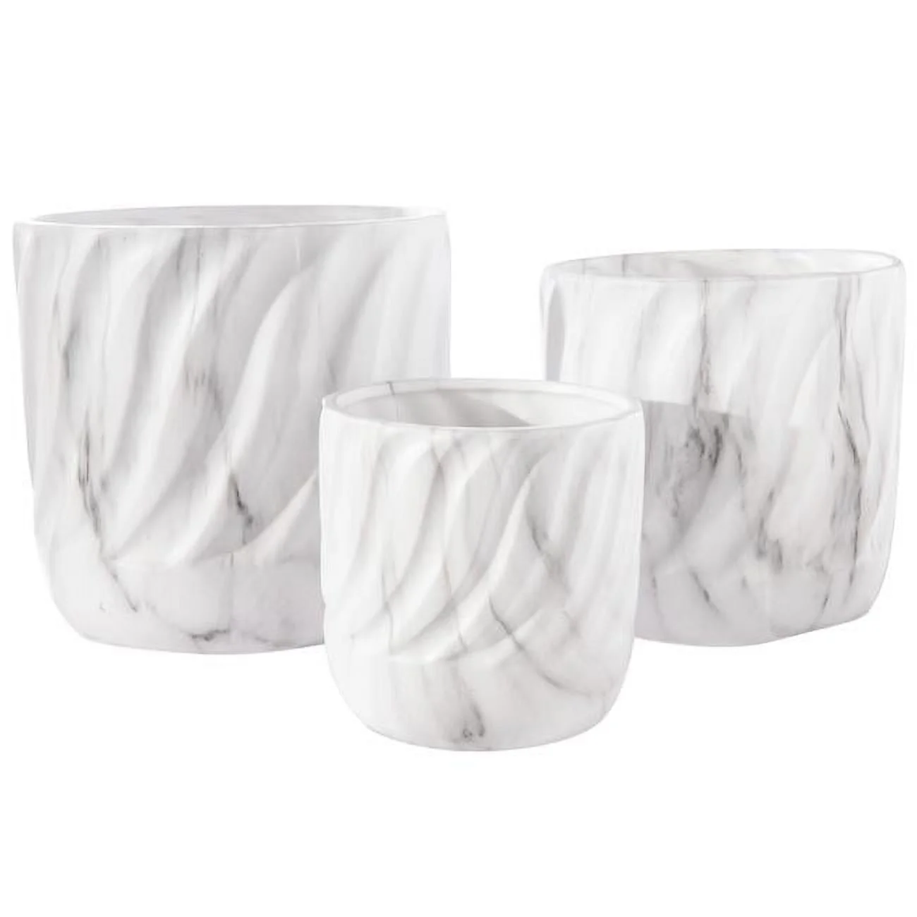 Ceramic Round Pot with Debossed Wave in Seamless Overlay Design Body, Marble White - Set of 3