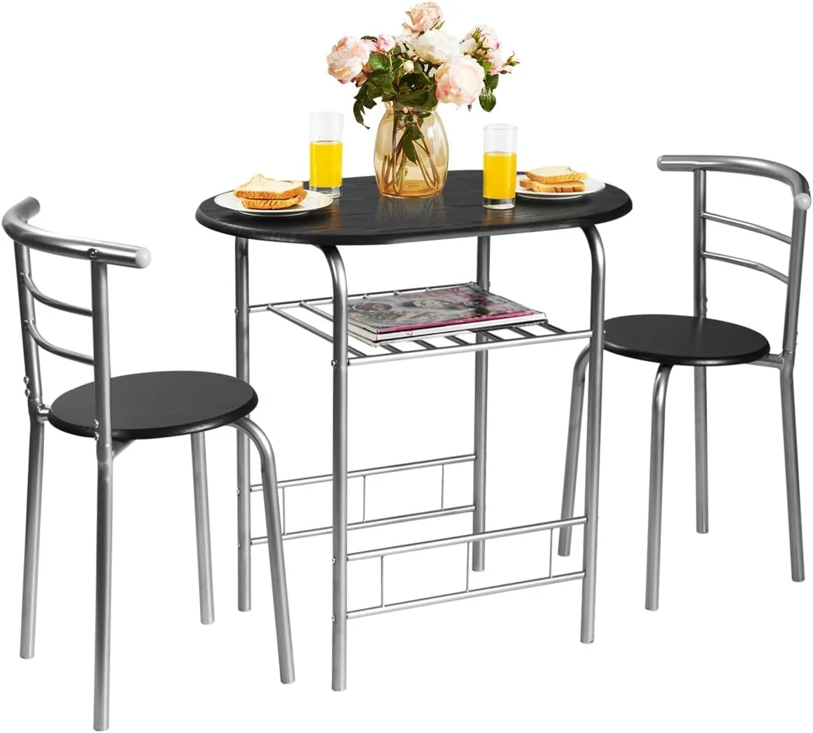 CLKHGFAR LUARANE 3 Piece Dining  Set  Small Dining  for 2 w/Metal Frame & Wine Rack  Breakfast Nook  Set for Home Bistro Pub Apartment Kitchen Dining Room Cafe (Silver & Natural)