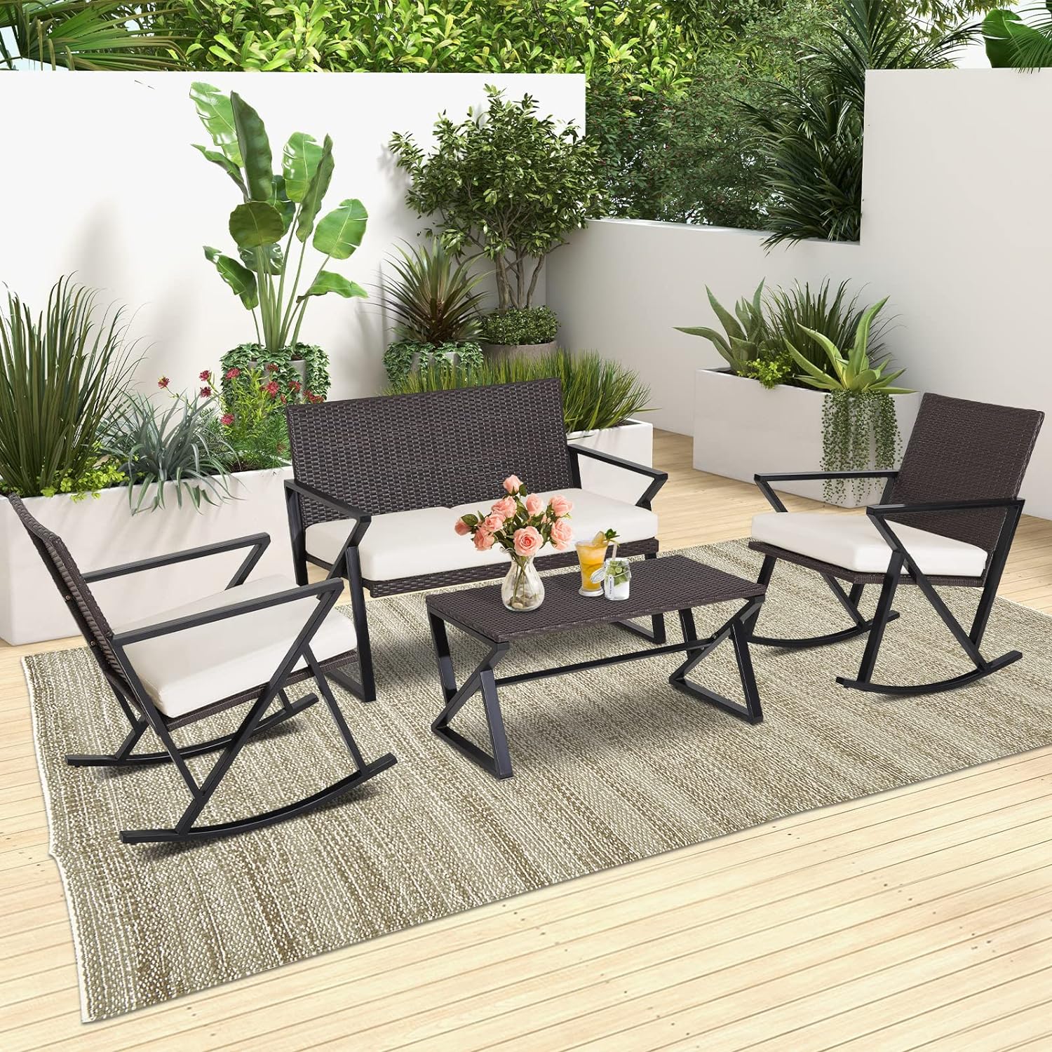 Dina 4 Piece Patio Rocking Furniture Set  Patiojoy Heavy Duty PE Wicker Loveseat with 2 Rocking Chairs & 1 Coffee Table  Outdoor Rattan Conversation Set for Porch  Poolside  Balcony