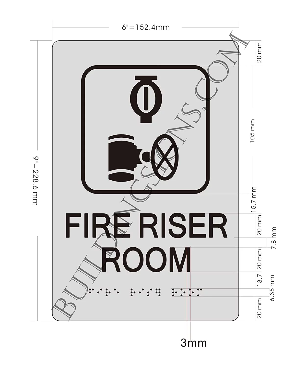 FIRE Riser Room Sign -Braille Sign with Raised Tactile Graphics and Letters (Aluminum, Silver, Size 6x9)-The Sensation line