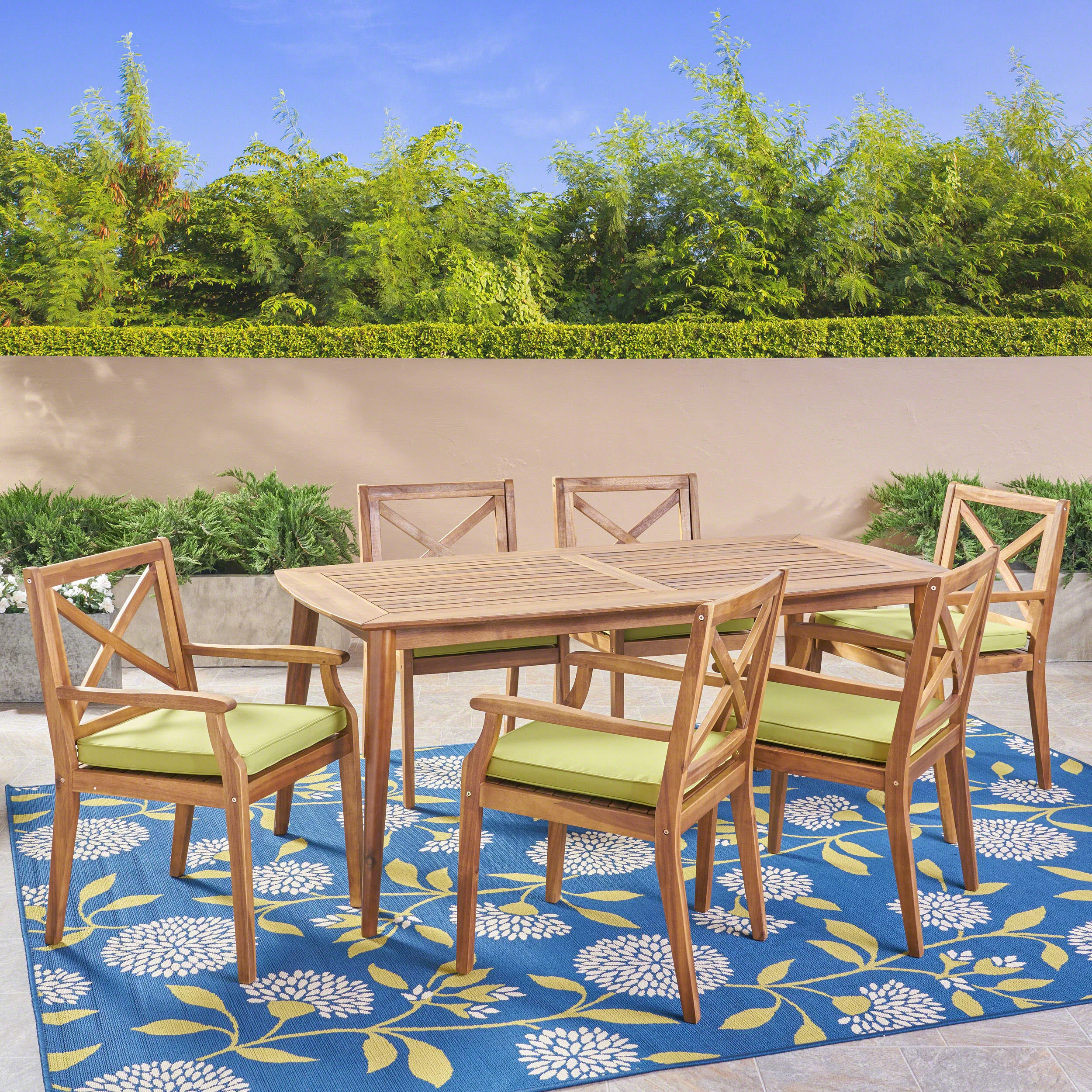 GDF Studio Marvin Outdoor 7 Piece Acacia Wood Dining Set, Teak and Green