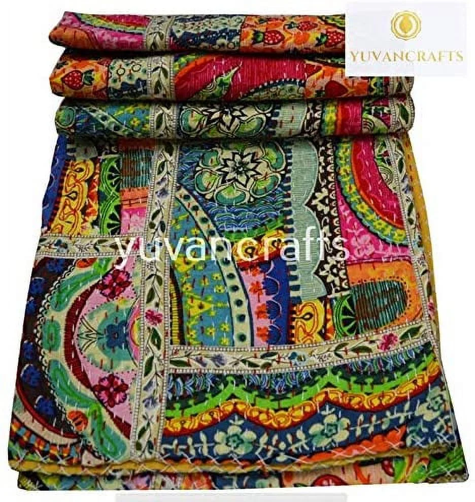 Yuvancrafts Indian Handmade Pacthwork Kantha Quilt Queen Size Multi Color Kantha Bedspread Throw Blanket