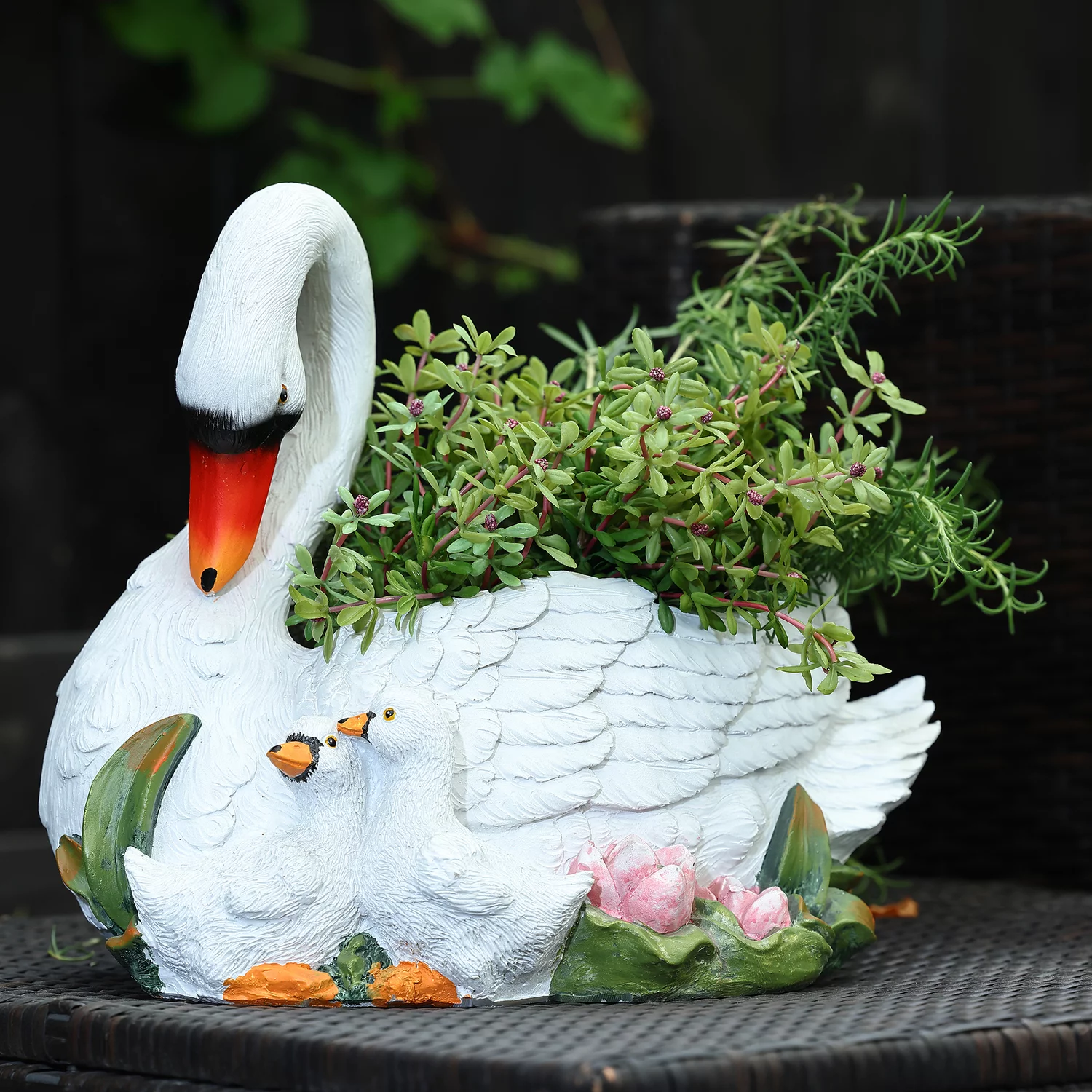 LuxenHome White Resin Swan Family Planter