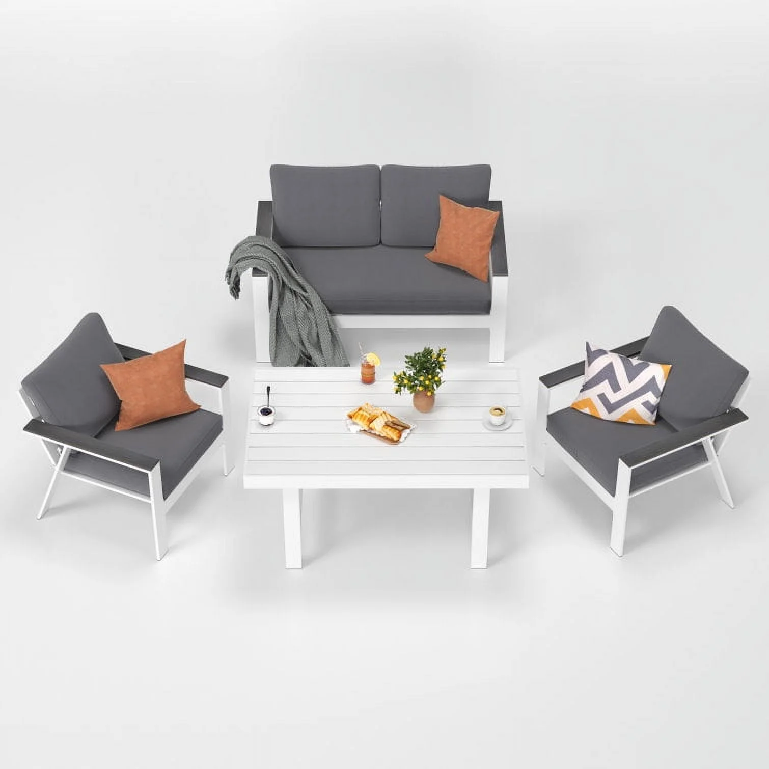 CozyHom 5pcs Aluminum Sofa Furniture Sets, Modern Metal Sectional Conversation Sofa Chairs Sets Patio Sofa Seating Group With Cushions, White