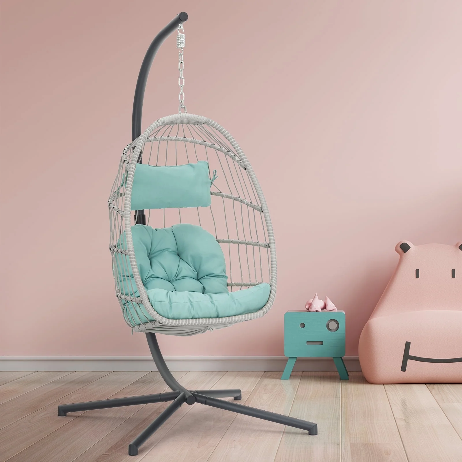 Hanging Egg Chair with Steel Stand and Fluffy Cushion, Lounge Wicker Iron Swing Chairs for Indoor Outdoor Patio Garden