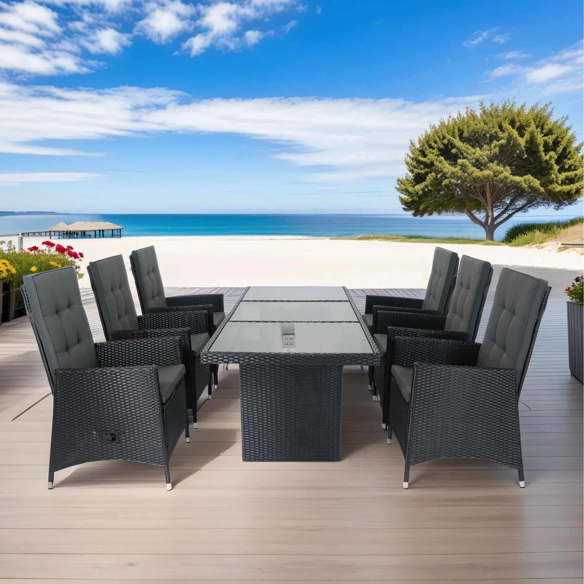 7 Pieces Outdoor Patio Dining Sets for 6 with Rattan Dining Set Chairs and Adjustable Backrest for Garden