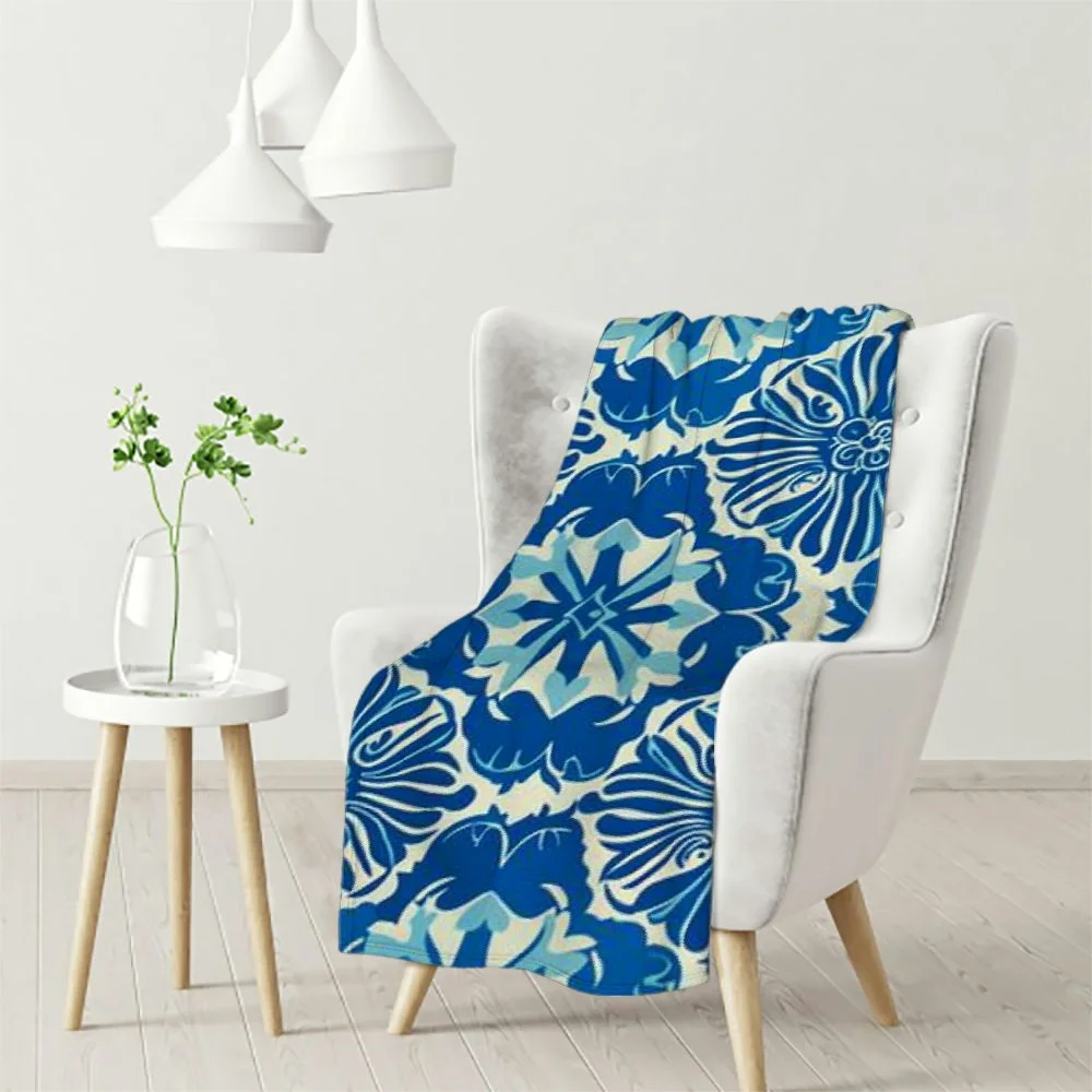 Pingxixi  Ethnic Floral Throw Blanket,Abstract Indian Style Art Bohemia Flower Blue Flannel Soft Warm Bed Blanket for Couch Sofa Bed White
