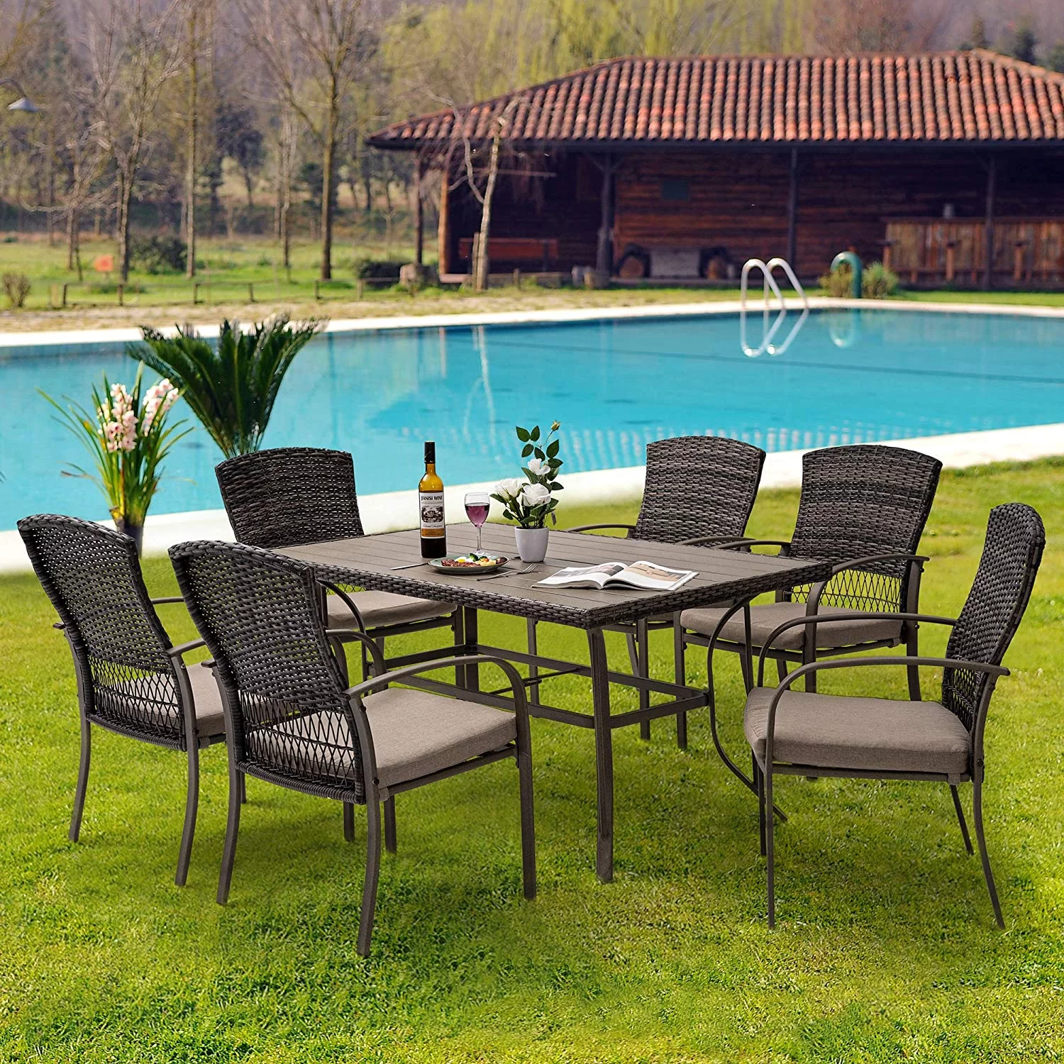 7 Piece Patio Dining Set  Outdoor Dining Table Set  Patio Wicker Furniture Set for Backyard Garden Deck Poolside/Iron Slats Table Top  Removable Cushions(Beige)
