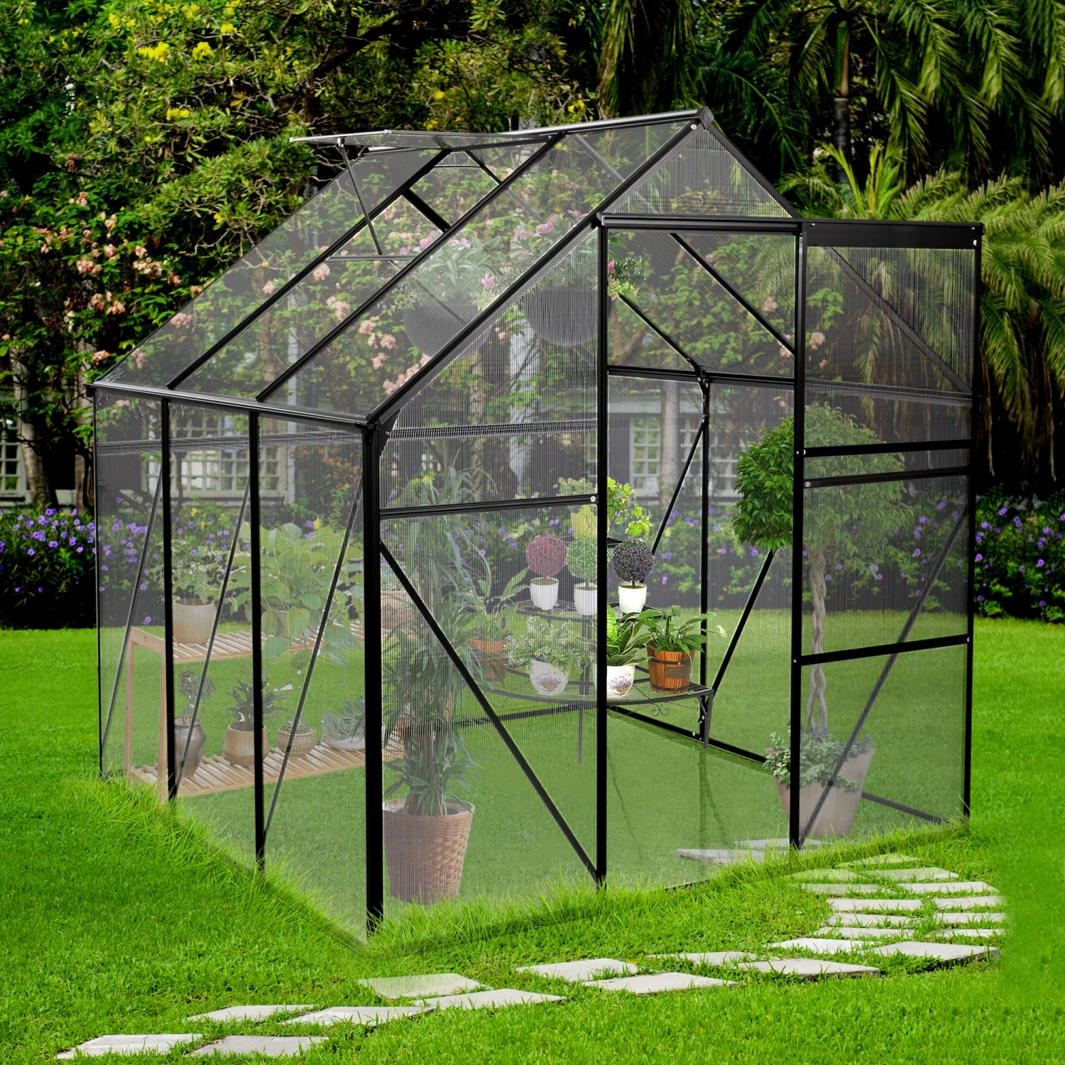 Durable Black Aluminum 6X6FT Heavy Duty Polycarbonate Greenhouse with Raised Base and Anchor  Perfect for Outdoor Backyard Use in All Seasons - W540S00002