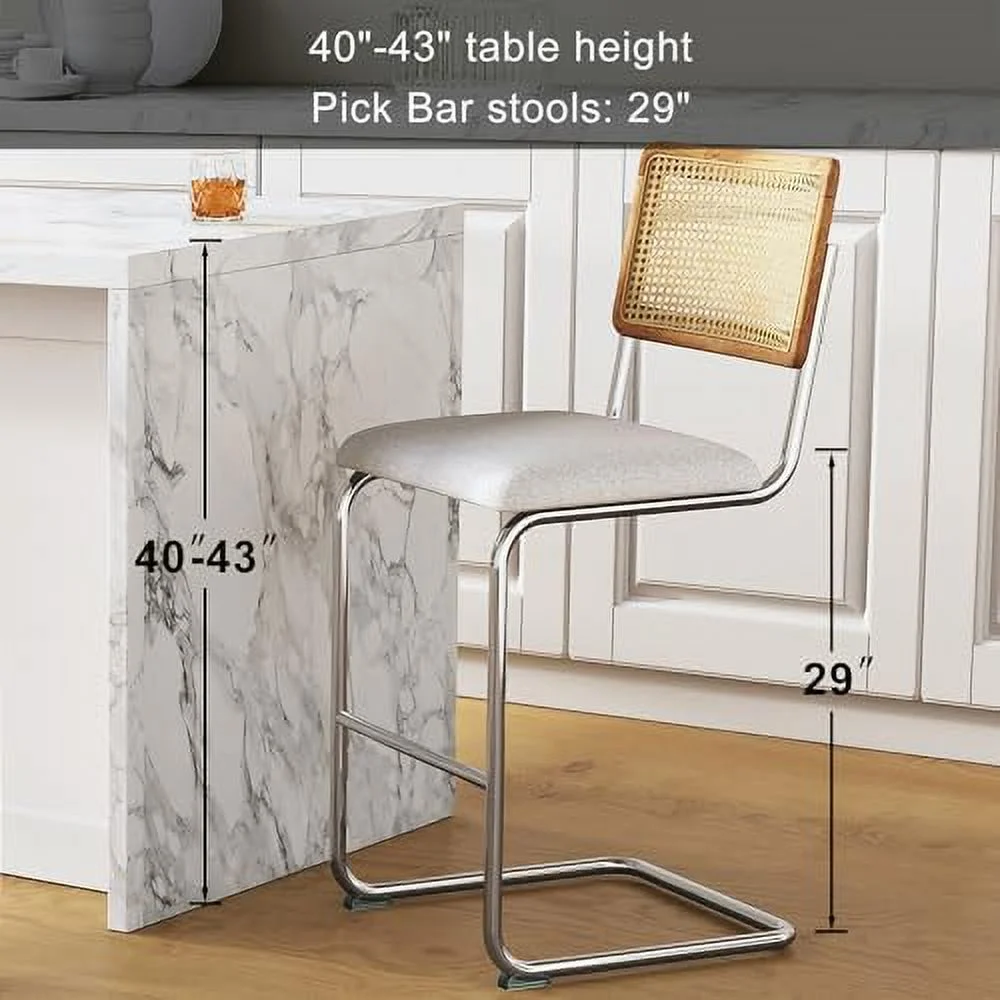 HBLUKDL Black Modern Counter Height  Stools  with Natural Rattan Cane and Solid Wood Backs  24 Inch Upholstery with Metal Chrome Legs Mid Century  Chairs