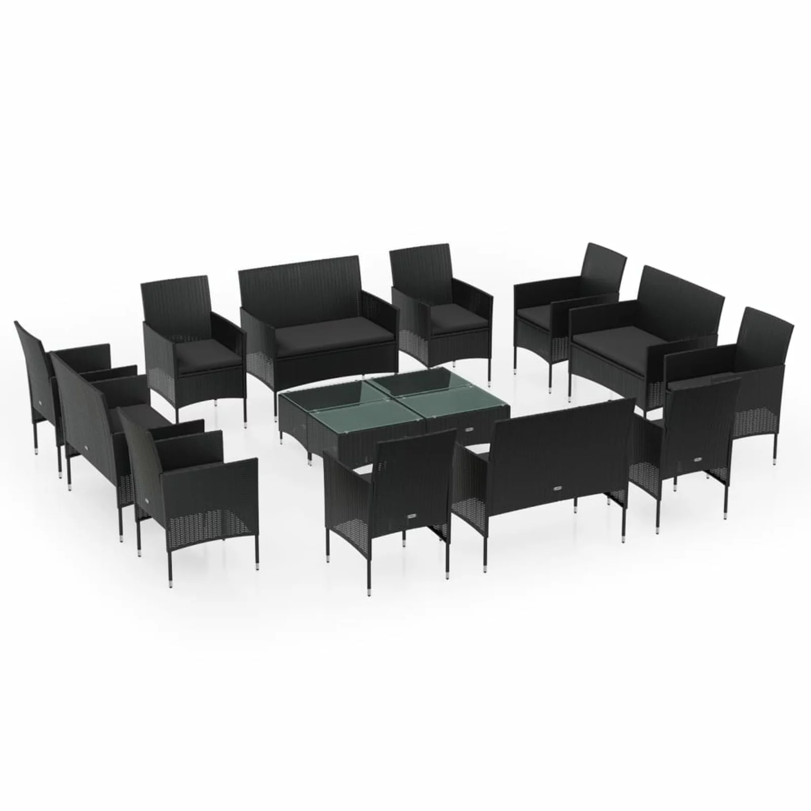moobody 16 Piece Garden Conversation Set Black Cushioned 2-Seater Sofas with 8 Armchair and 4 Table Black Poly Rattan Sectional Outdoor Furniture Set for Patio, Backyard, Balcony