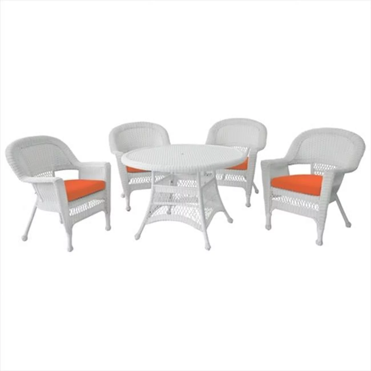 5 Piece White Wicker Dining Set - Orange Cushions
