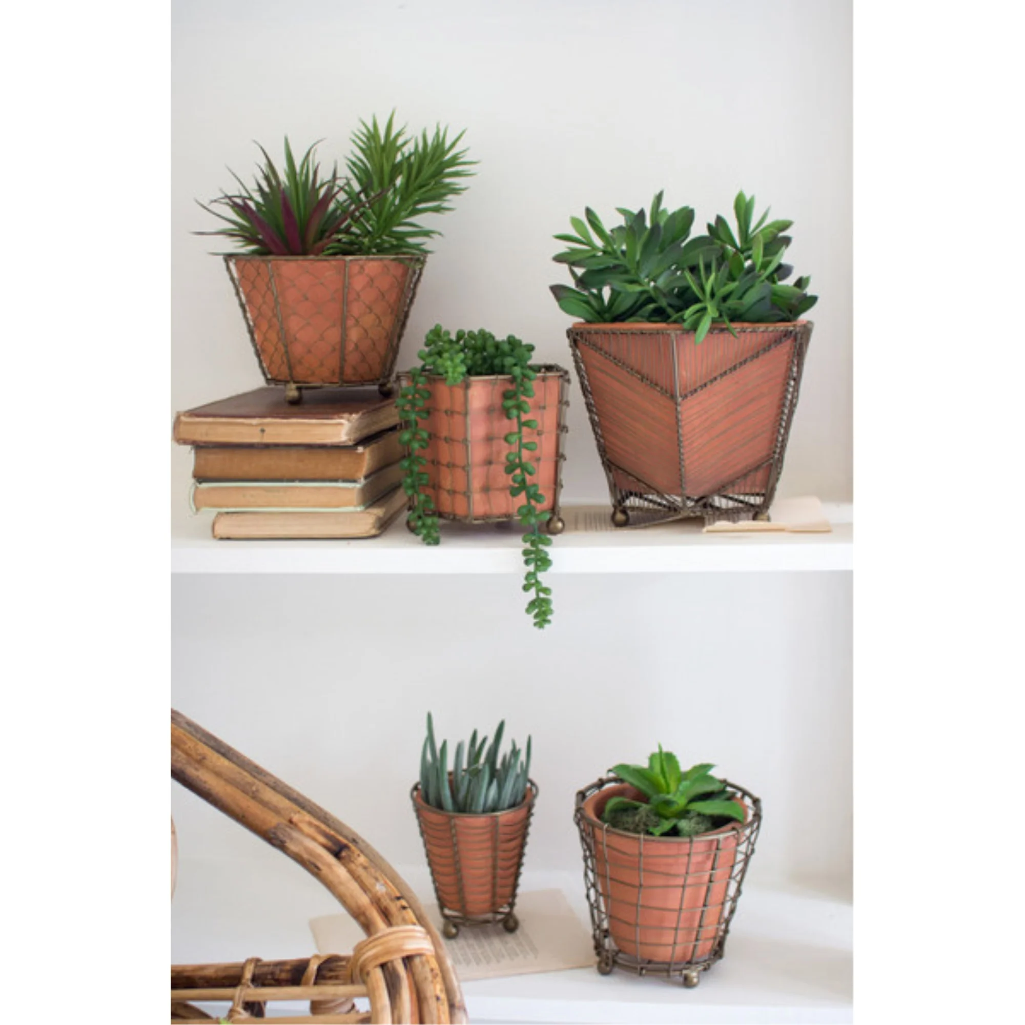 Set Of Five Terracotta Planters W Wire Wrap & Brass Detail Multi