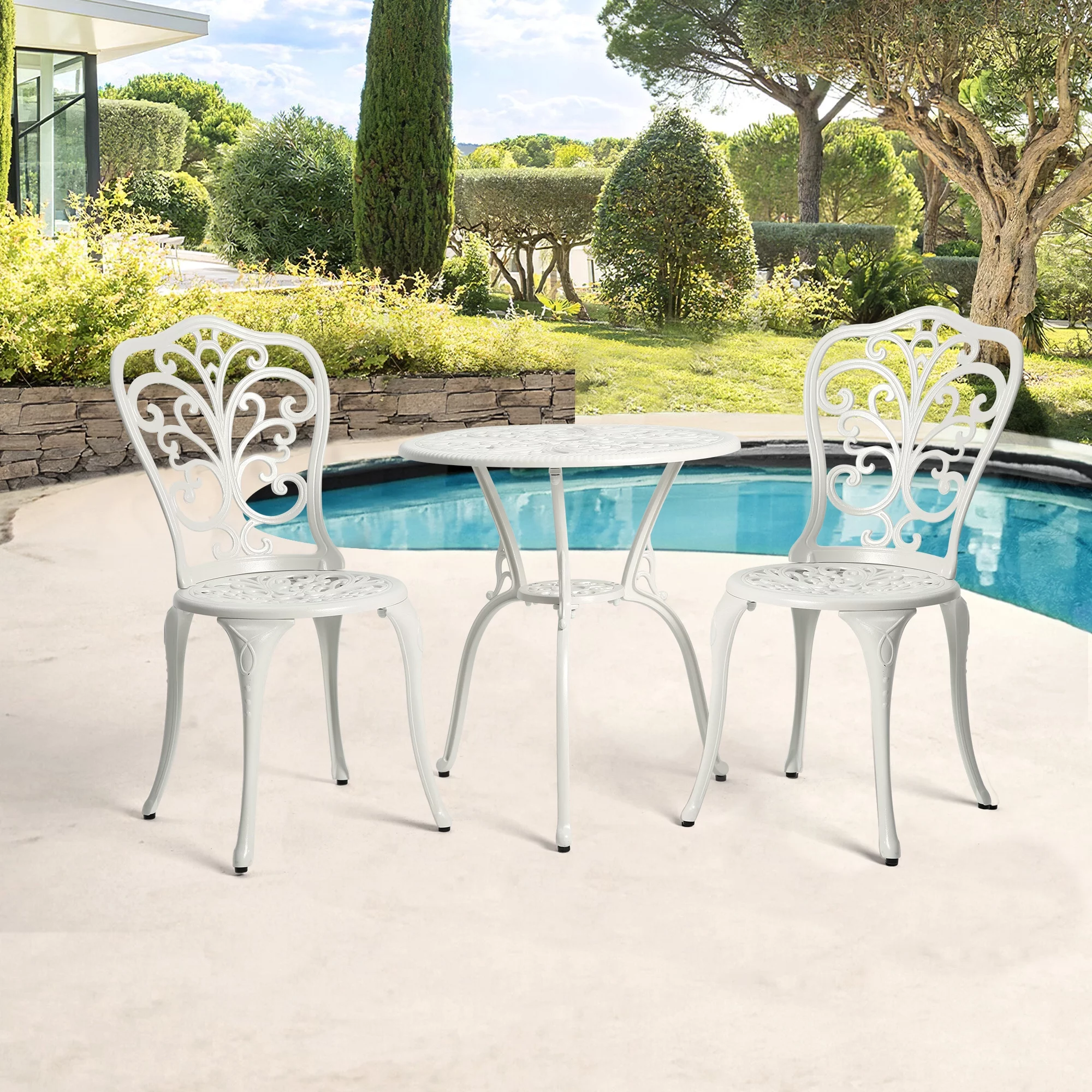 HOMEFUN Bistro Table Black Set, Outdoor Patio Set 3 Pieces Table and Chairs, Aluminium Leaf Carving Rust and Weather Resistant-White